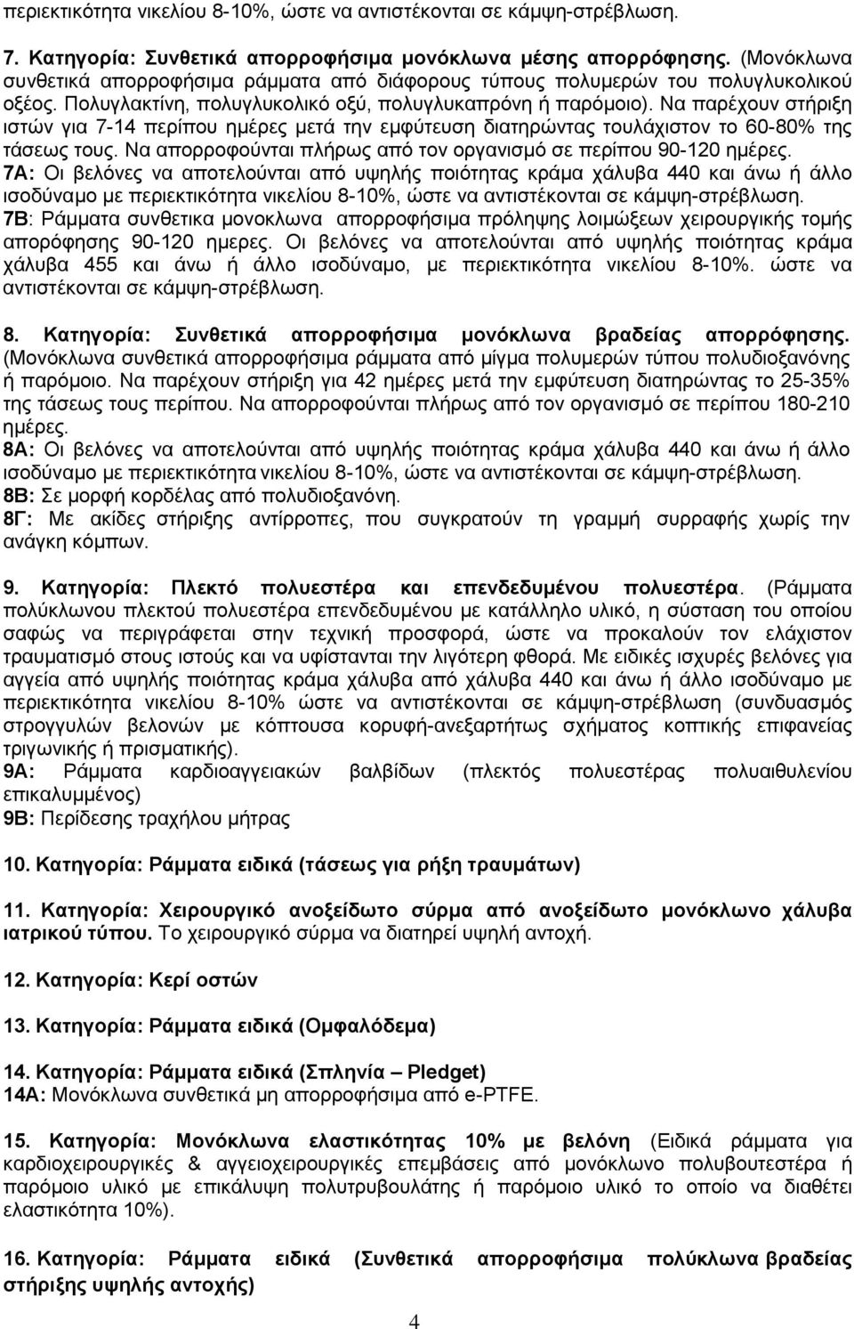 Να παρέχουν στήριξη ιστών για 7-14 περίπου ημέρες μετά την εμφύτευση διατηρώντας τουλάχιστον το 60-80% της τάσεως τους. Να απορροφούνται πλήρως από τον οργανισμό σε περίπου 90-120 ημέρες.