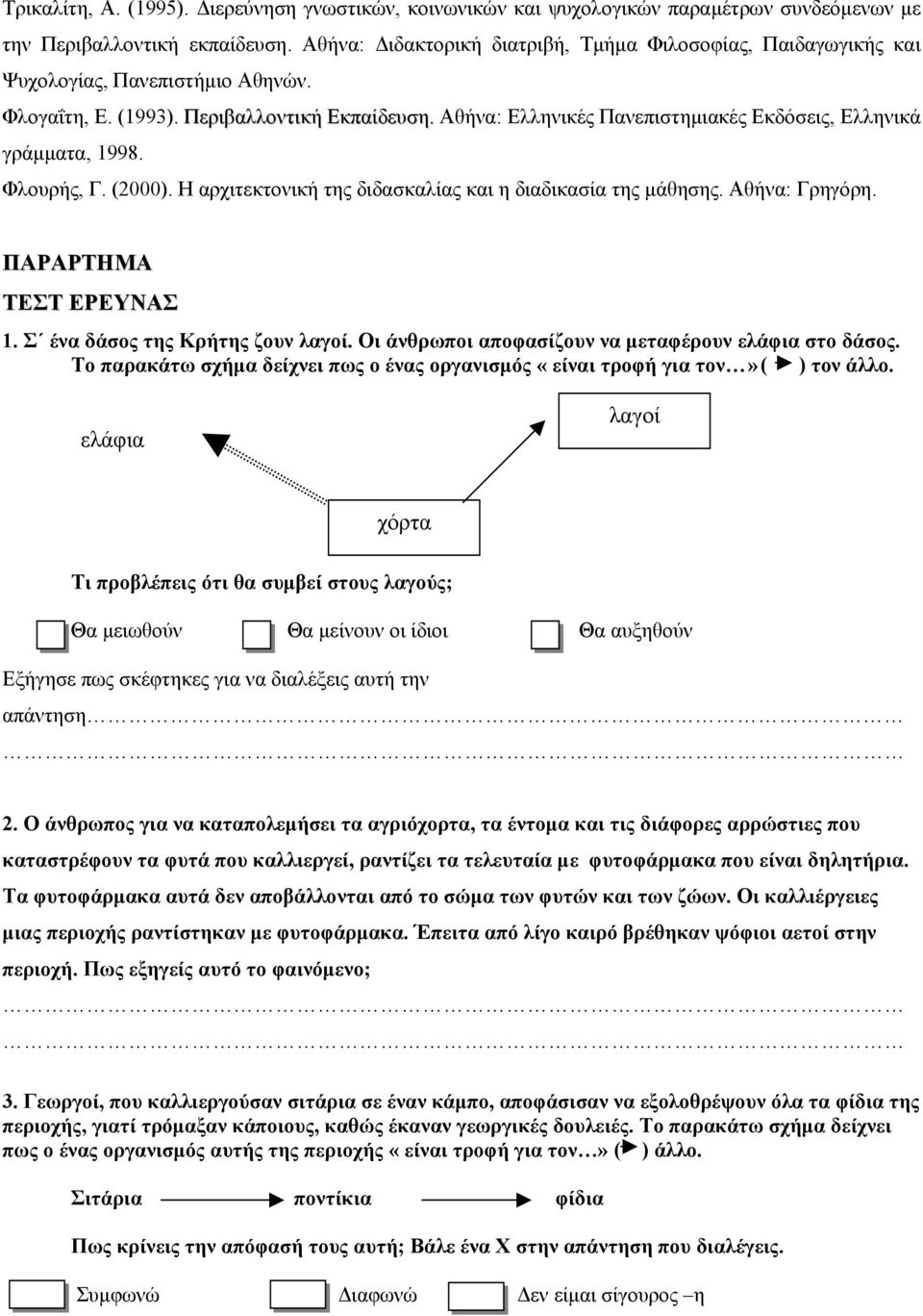 Αθήνα: Ελληνικές Πανεπιστηµιακές Εκδόσεις, Ελληνικά γράµµατα, 1998. Φλουρής, Γ. (2000). Η αρχιτεκτονική της διδασκαλίας και η διαδικασία της µάθησης. Αθήνα: Γρηγόρη. ΠΑΡΑΡΤΗΜΑ ΤΕΣΤ ΕΡΕΥΝΑΣ 1.