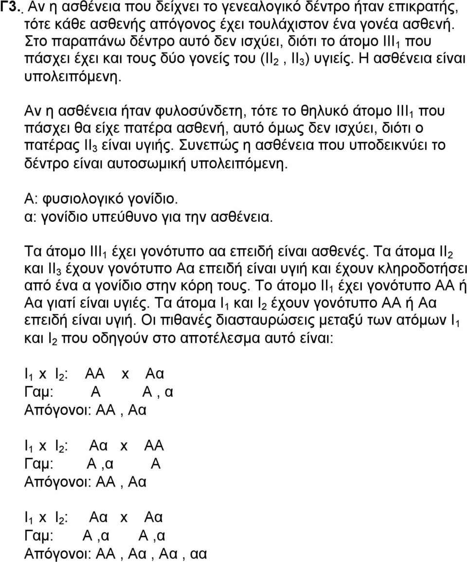 Αν η ασθένεια ήταν φυλοσύνδετη, τότε το θηλυκό άτομο ΙΙΙ 1 που πάσχει θα είχε πατέρα ασθενή, αυτό όμως δεν ισχύει, διότι ο πατέρας ΙΙ 3 είναι υγιής.