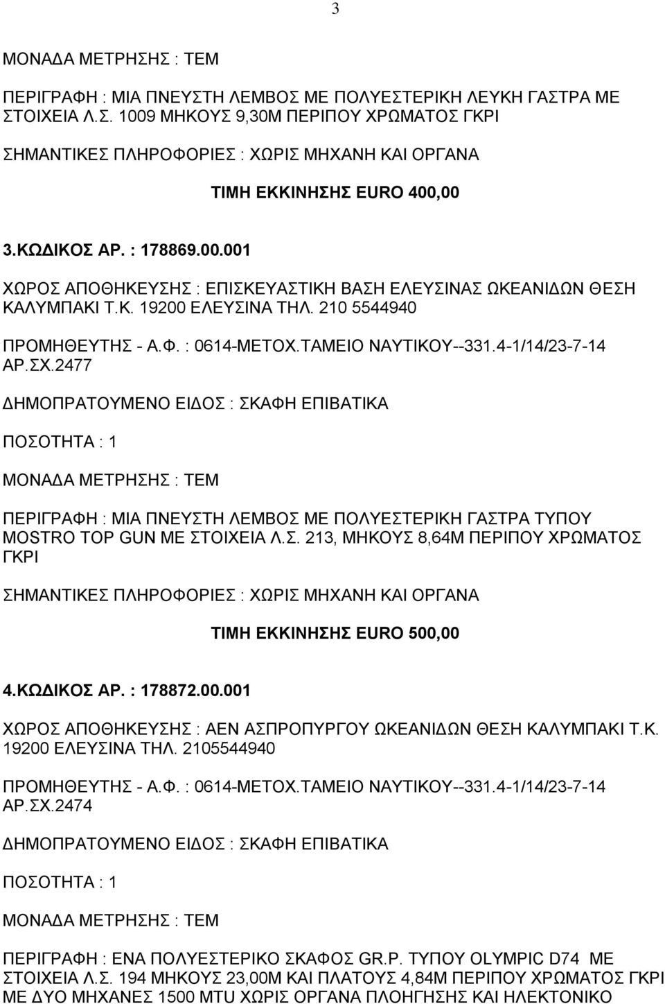 ΚΩΔΙΚΟΣ ΑΡ. : 178872.00.001 ΧΩΡΟΣ ΑΠΟΘΗΚΕΥΣΗΣ : ΑΕΝ ΑΣΠΡΟΠΥΡΓΟΥ ΩΚΕΑΝΙΔΩΝ ΘΕΣΗ ΚΑΛΥΜΠΑΚΙ Τ.Κ. 19200 ΕΛΕΥΣΙΝΑ ΤΗΛ. 2105544940 ΑΡ.ΣΧ.2474 ΠΕΡΙΓΡΑΦΗ : ΕΝΑ ΠΟΛΥΕΣΤΕΡΙΚΟ ΣΚΑΦΟΣ GR.P.