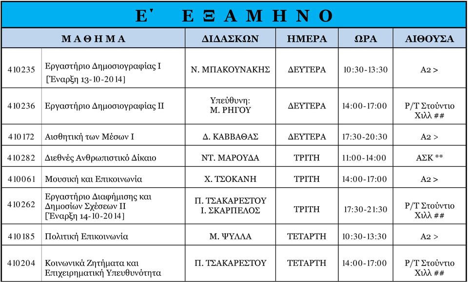 ΚΑΒΒΑΘΑΣ ΔΕΥΤΕΡΑ 17:30-20:30 Α2 > 410282 Διεθνές Ανθρωπιστικό Δίκαιο ΝΤ. ΜΑΡΟΥΔΑ ΤΡΙΤΗ 11:00-14:00 ΑΣΚ ** 410061 Μουσική και Επικοινωνία Χ.