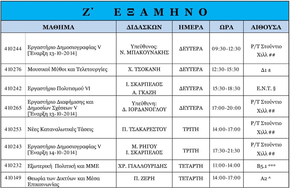 ΤΣΟΚΑΝΗ ΔΕΥΤΕΡΑ 12:30-15:30 Δ1 ± 410242 Εργαστήριο Πολιτισμού VI 410265 Εργαστήριο Διαφήμισης και Δημοσίων Σχέσεων V [Έναρξη 13-10-2014] Ι. ΣΚΑΡΠΕΛΟΣ Α. ΓΚΑΖΗ ΔΕΥΤΕΡΑ 15:30-18:30 Ε.Ν.Τ. Υπεύθυνη: Δ.