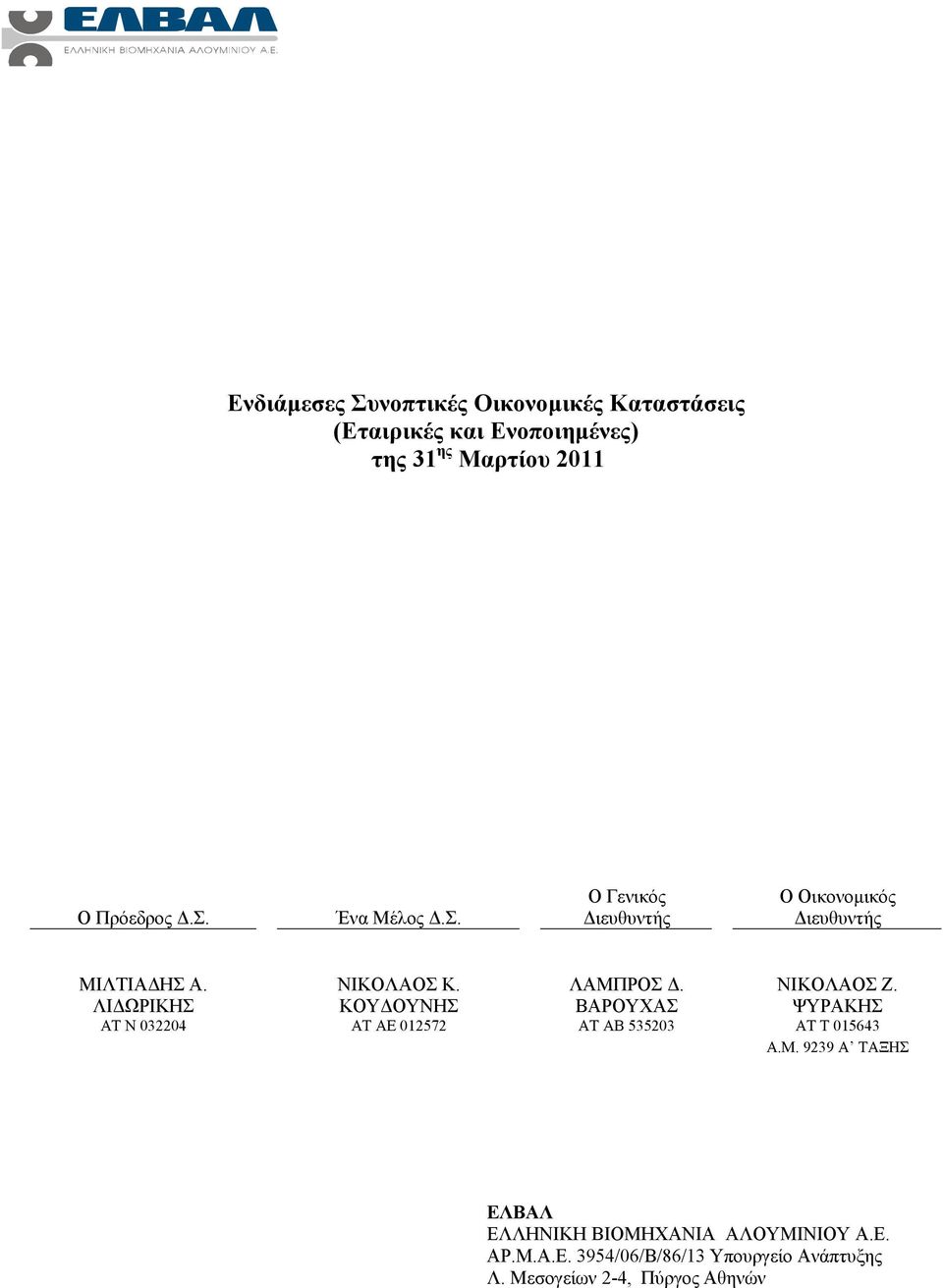 ΚΟΥΔΟΥΝΗΣ ΛΑΜΠΡΟΣ Δ. ΒΑΡΟΥΧΑΣ ΝΙΚΟΛΑΟΣ Ζ. ΨΥΡΑΚΗΣ ΑΤ N 032204 ΑΤ ΑΕ 012572 ΑΤ ΑΒ 535203 ΑΤ Τ 015643 Α.Μ. 9239 Α ΤΑΞΗΣ ΕΛΒΑΛ ΕΛΛΗΝΙΚΗ ΒΙΟΜΗΧΑΝΙΑ ΑΛΟΥΜΙΝΙΟΥ Α.