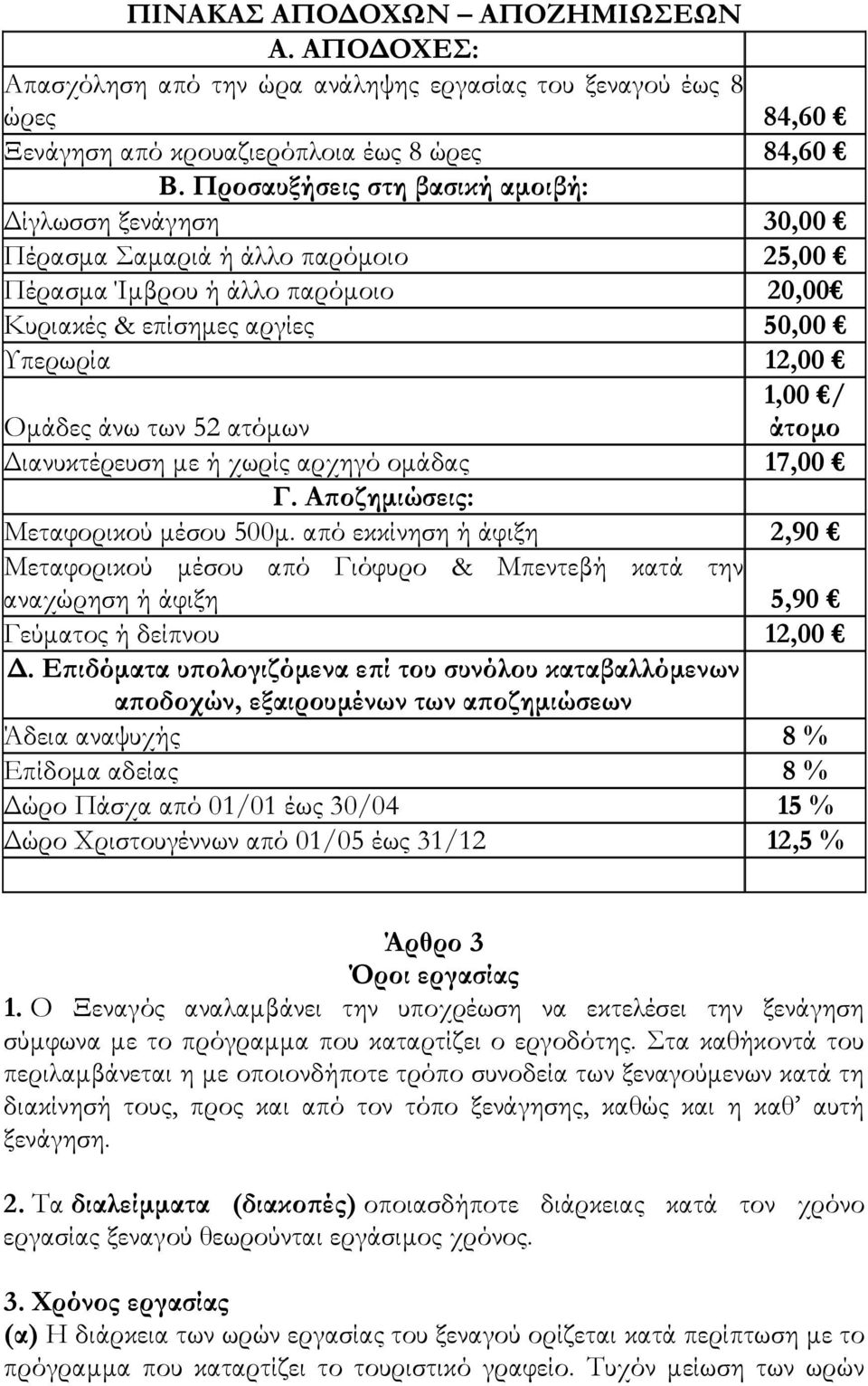 άνω των 52 ατόμων Διανυκτέρευση με ή χωρίς αρχηγό ομάδας 17,00 Γ. Αποζημιώσεις: Μεταφορικού μέσου 500μ.