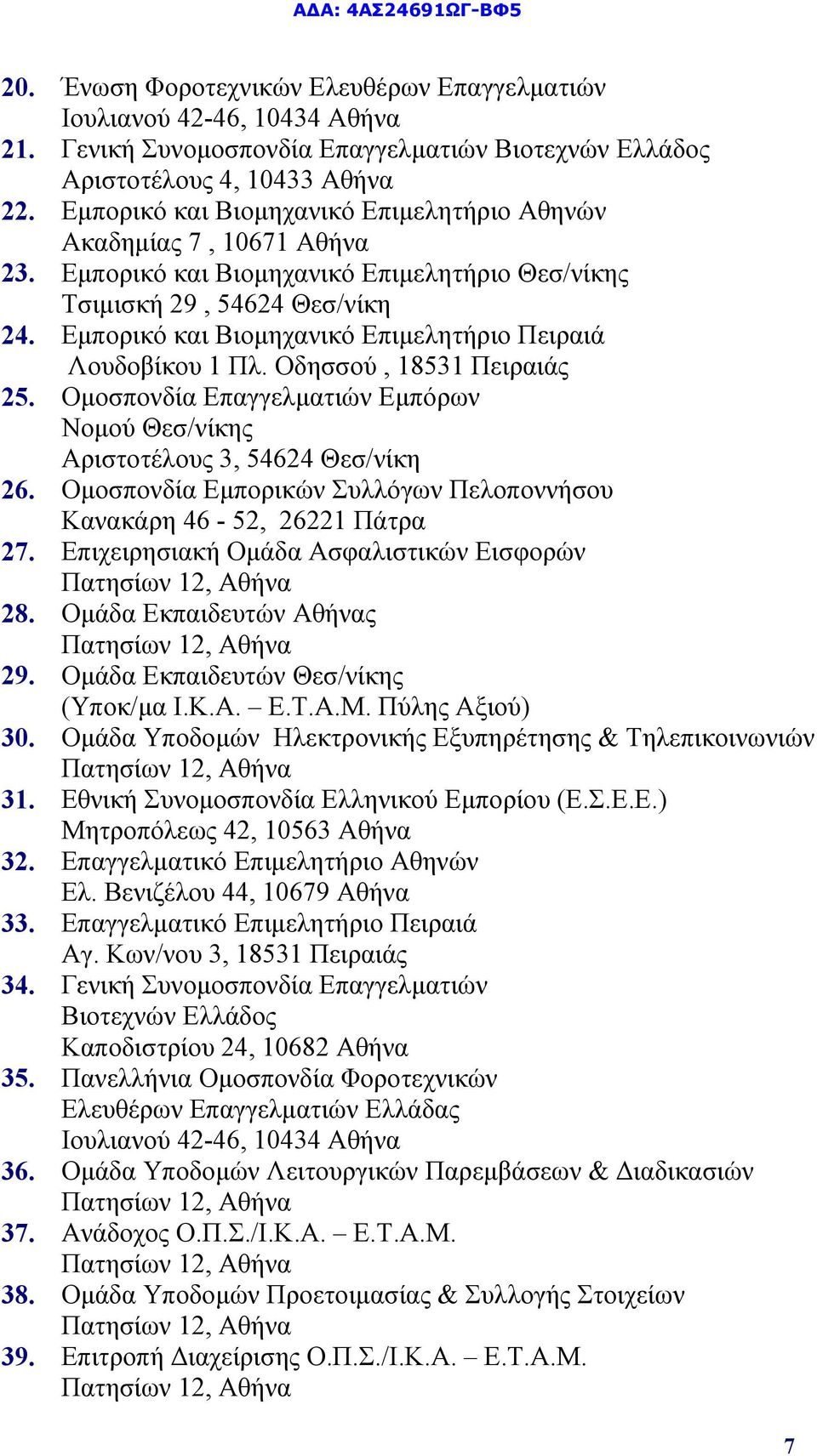 Εμπορικό και Βιομηχανικό Επιμελητήριο Πειραιά Λουδοβίκου 1 Πλ. Οδησσού, 18531 Πειραιάς 25. Ομοσπονδία Επαγγελματιών Εμπόρων Νομού Θεσ/νίκης Αριστοτέλους 3, 54624 Θεσ/νίκη 26.