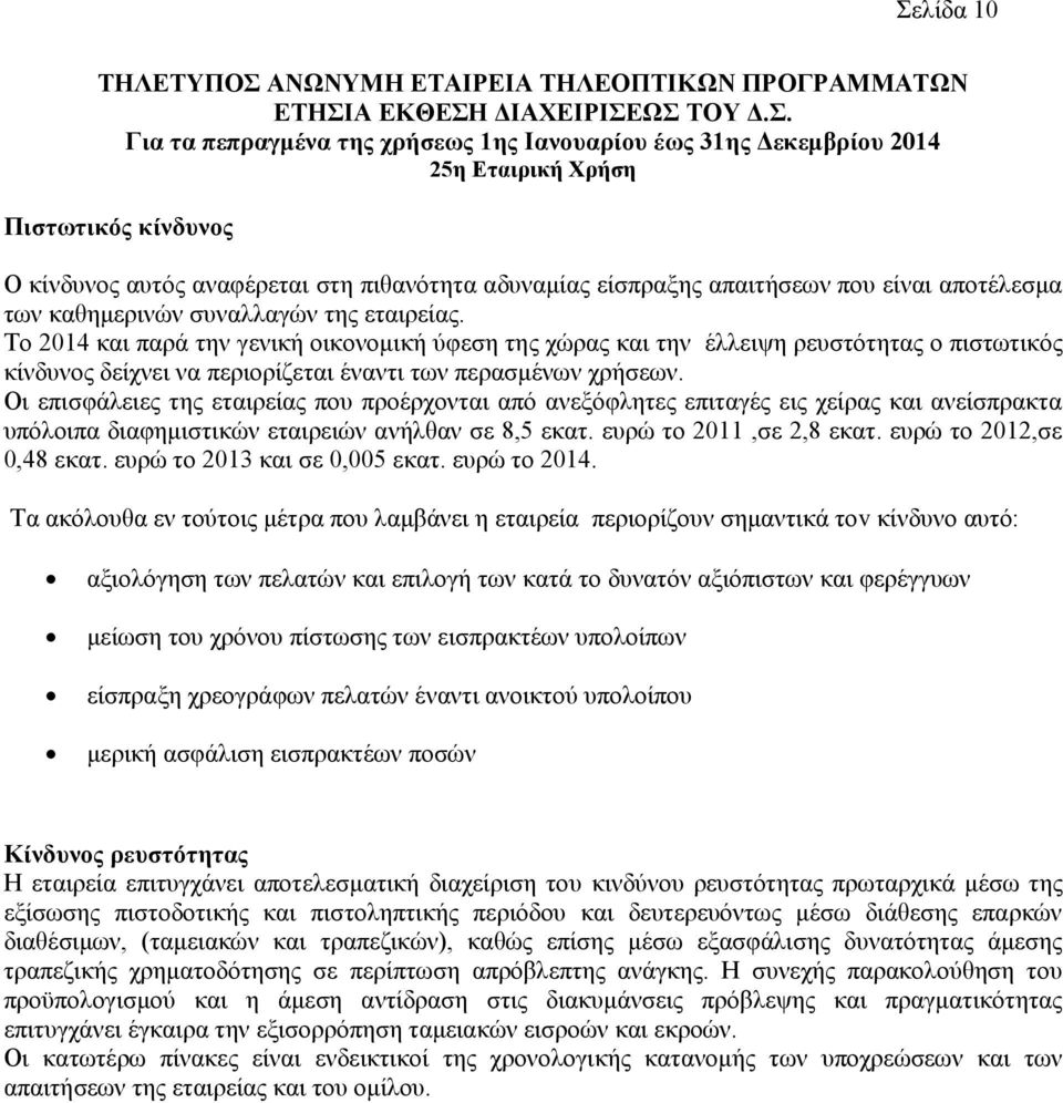 Το 2014 και παρά την γενική οικονομική ύφεση της χώρας και την έλλειψη ρευστότητας ο πιστωτικός κίνδυνος δείχνει να περιορίζεται έναντι των περασμένων χρήσεων.