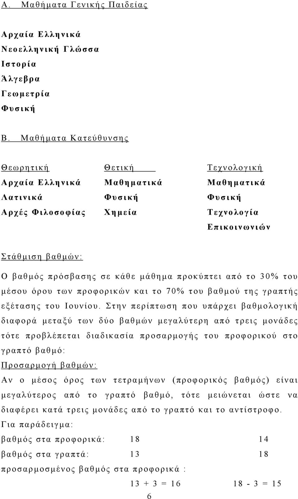 κάθε µάθηµα προκύπτει από το 30% του µέσου όρου των προφορικών και το 70% του βαθµού της γραπτής εξέτασης του Ιουνίου.