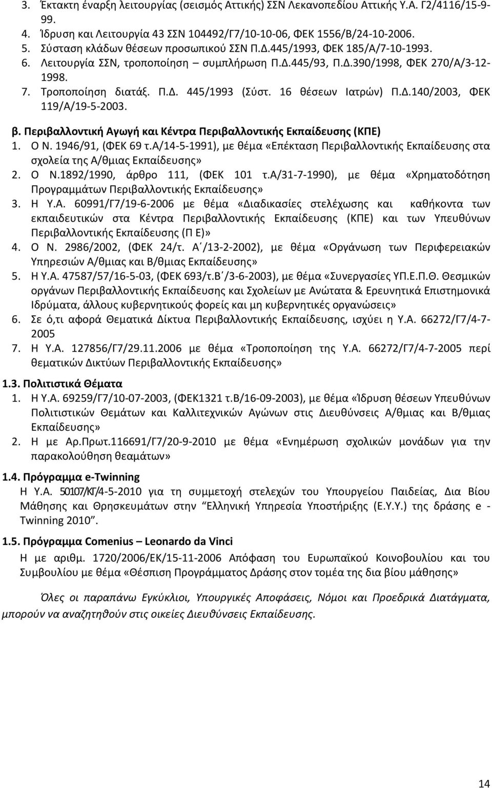 16 θέσεων Ιατρών) Π.Δ.140/2003, ΦΕΚ 119/Α/19-5-2003. β. Περιβαλλοντική Αγωγή και Κέντρα Περιβαλλοντικής Εκπαίδευσης (ΚΠΕ) 1. Ο Ν. 1946/91, (ΦΕΚ 69 τ.