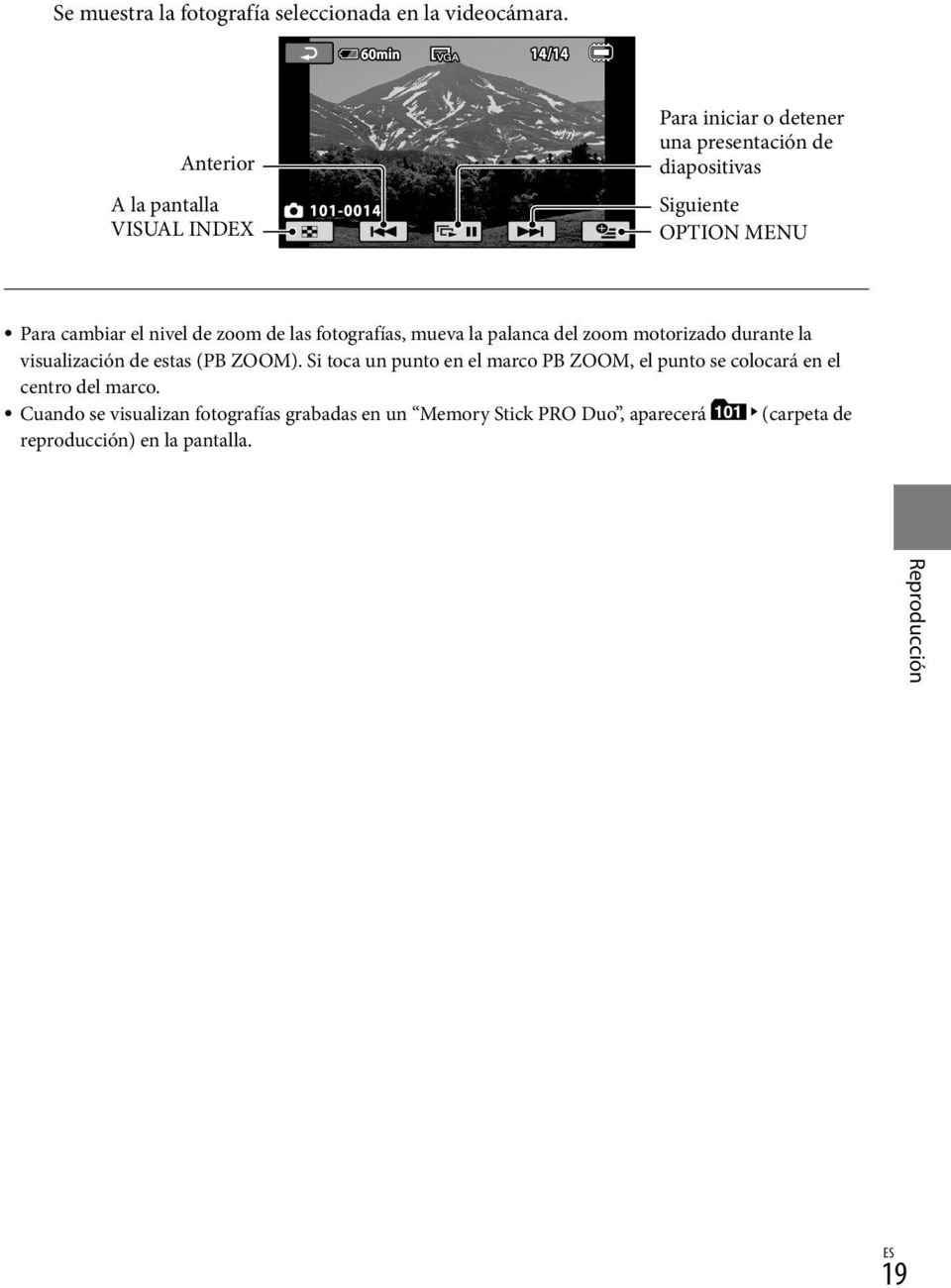 nivel de zoom de las fotografías, mueva la palanca del zoom motorizado durante la visualización de estas (PB ZOOM).