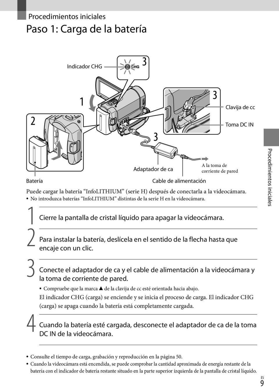 1 Cierre la pantalla de cristal líquido para apagar la videocámara. 2 Para instalar la batería, deslícela en el sentido de la flecha hasta que encaje con un clic.