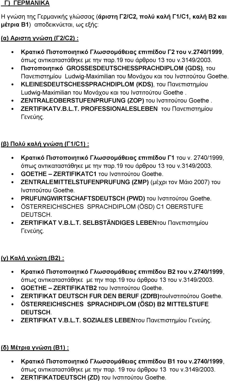 KLEINESDEUTSCHESSPRACHDIPLOM (KDS), του Πανεπιστημίου Ludwig-Maximilian του Μονάχου και του Ινστιτούτου Goethe. ZENTRALEOBERSTUFENPRUFUNG (ZOP) του Ινστιτούτου Goethe. ZERTIFIKATV.B.L.T. PROFESSIONALESLEBEN του Πανεπιστημίου Γενεύης.