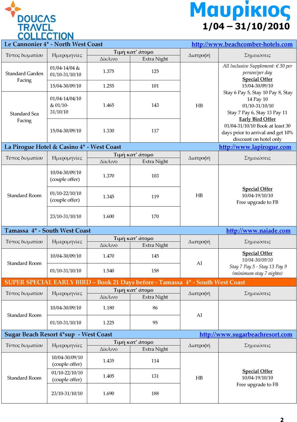 lapirogue.com 1.370 103 01/10-22/10/10 1.345 119 10/04-19/10/10 Free upgrade to FB Tamassa 4* - South West Coast 23/10-31/10/10 1.600 170 1.470 145 1.