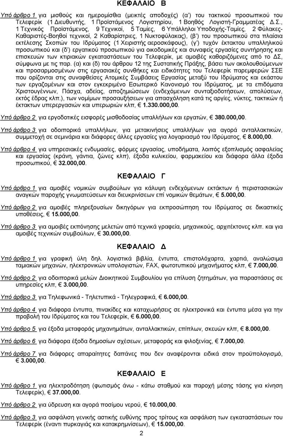 του Ιδρύµατος (1 Χειριστής αεροσκάφους), (γ ) τυχόν έκτακτου υπαλληλικού προσωπικού και (δ ) εργατικού προσωπικού για οικοδοµικές και συναφείς εργασίες συντήρησης και επισκευών των κτιριακών