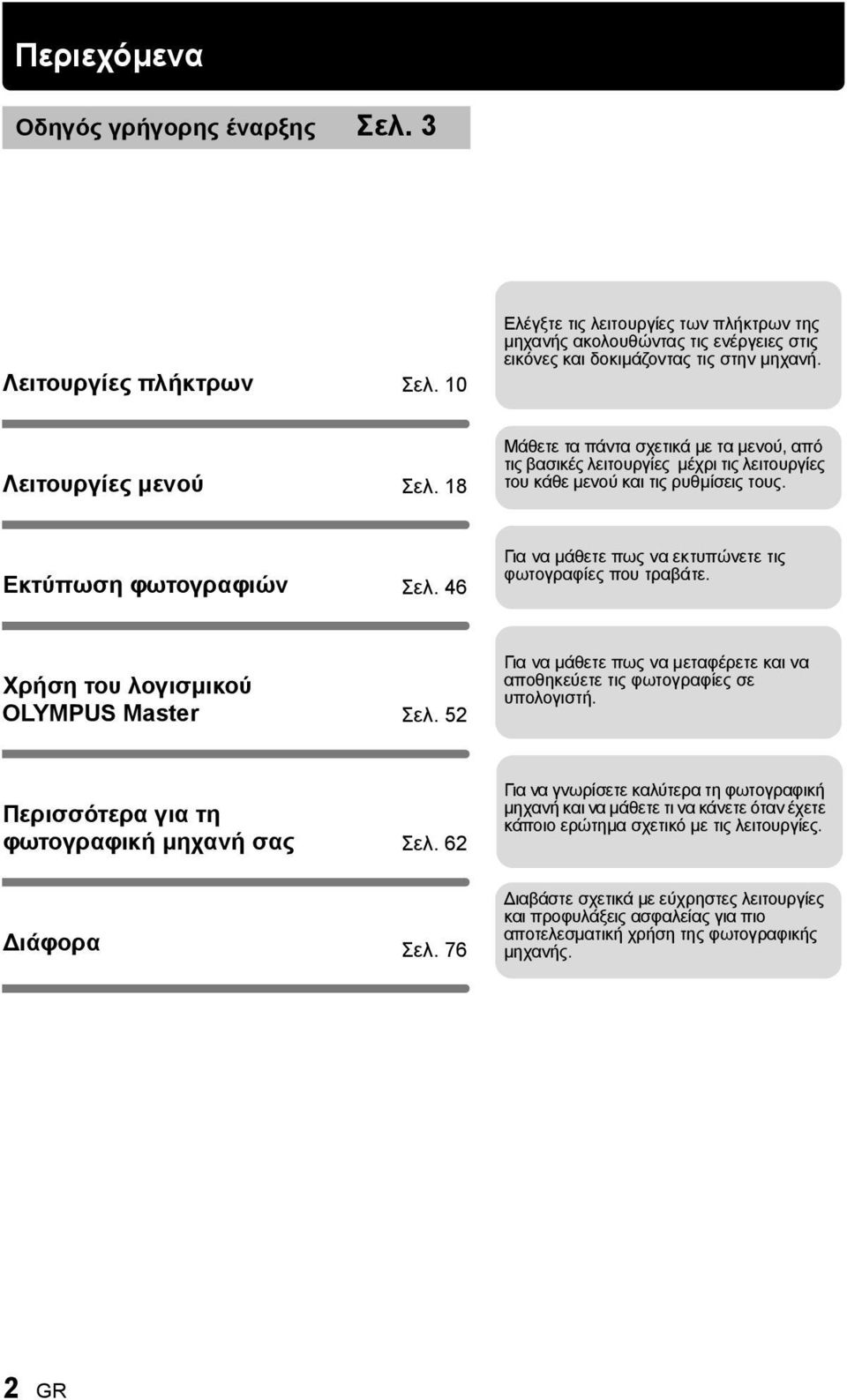 46 Για να μάθετε πως να εκτυπώνετε τις φωτογραφίες που τραβάτε. Χρήση του λογισμικού OLYMPUS Master Σελ. 52 Για να μάθετε πως να μεταφέρετε και να αποθηκεύετε τις φωτογραφίες σε υπολογιστή.