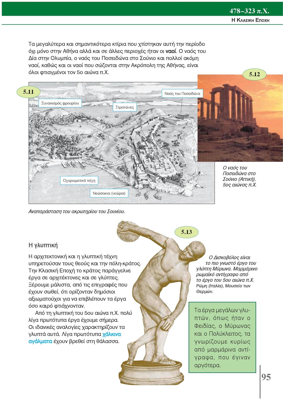 12 Ναός του Ποσειδώνα Συνοικισμός φρουρίου Στρατώνες Ο ναός του Ποσειδώνα στο Σούνιο (Αττική), 5ος αιώνας π.χ. Οχυρωματικά τείχη Νεώσοικοι (νεώρια) Αναπαράσταση του ακρωτηρίου του Σουνίου. 5.13 Η γλυπτική Η αρχιτεκτονική και η γλυπτική τέχνη υπηρετούσαν τους θεούς και την πόλη-κράτος.