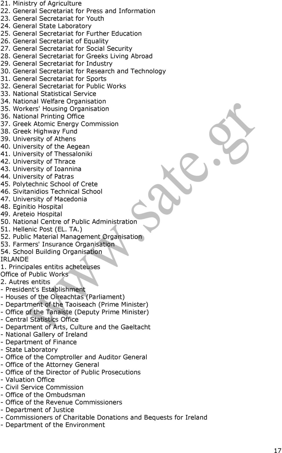 General Secretariat for Research and Technology 31. General Secretariat for Sports 32. General Secretariat for Public Works 33. National Statistical Service 34. National Welfare Organisation 35.