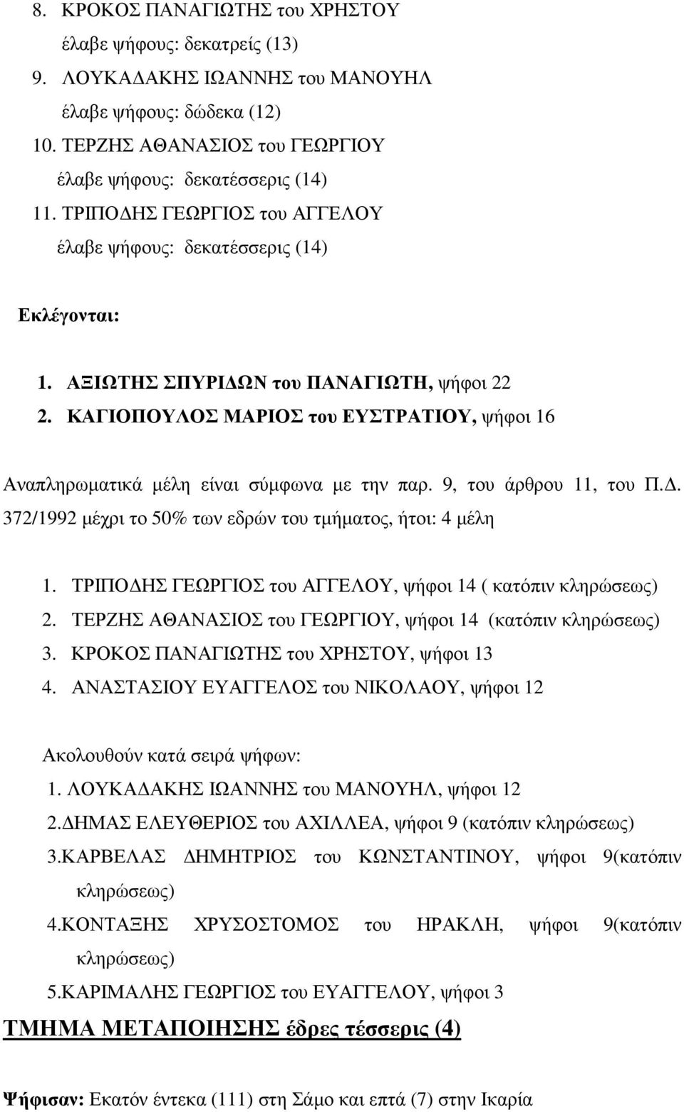 ΚΑΓΙΟΠΟΥΛΟΣ ΜΑΡΙΟΣ του ΕΥΣΤΡΑΤΙΟΥ, ψήφοι 16 Αναπληρωµατικά µέλη είναι σύµφωνα µε την παρ. 9, του άρθρου 11, του Π.. 372/1992 µέχρι το 50% των εδρών του τµήµατος, ήτοι: 4 µέλη 1.