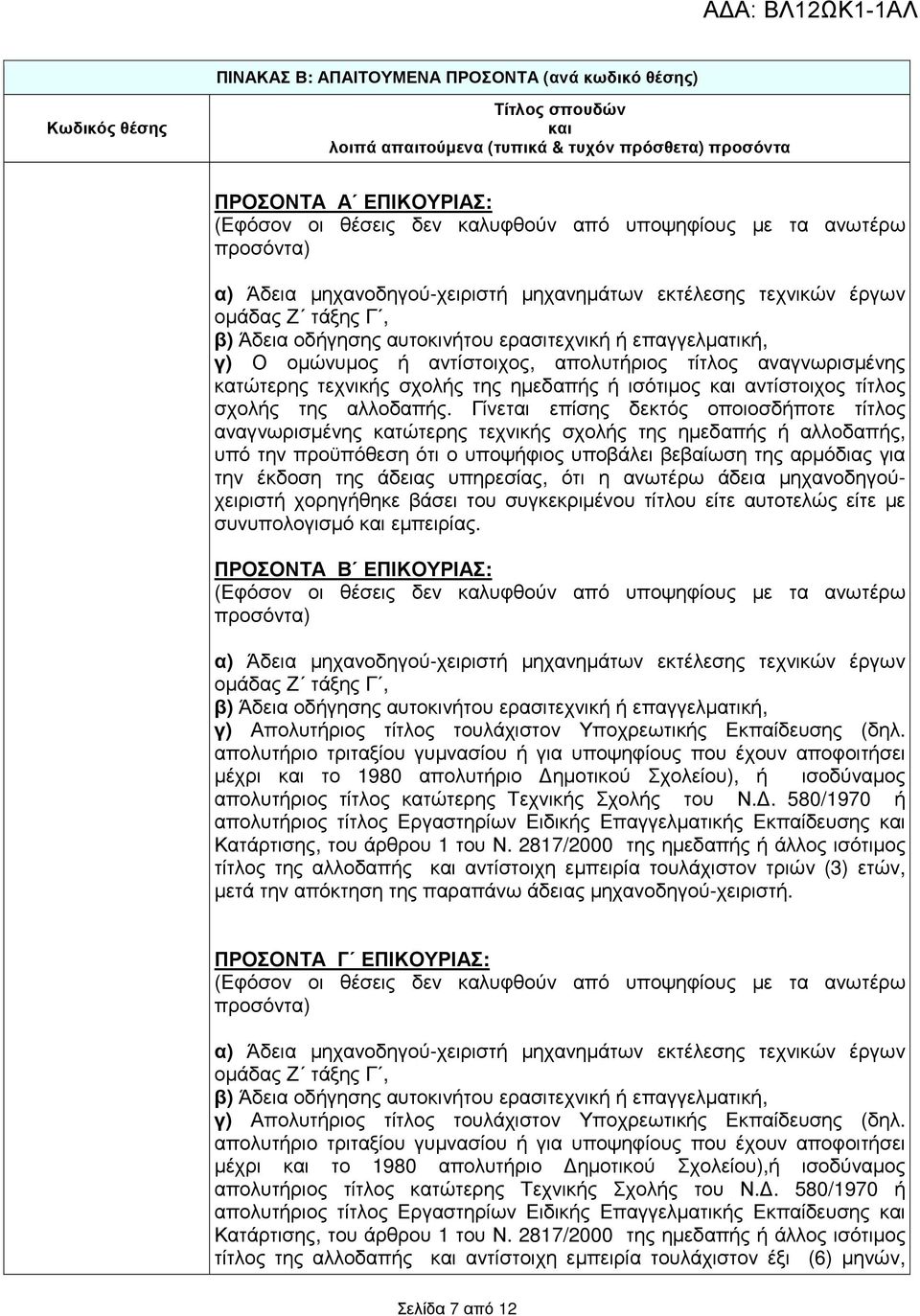 Γίνεται επίσης δεκτός οποιοσδήποτε τίτλος αναγνωρισµένης κατώτερης τεχνικής σχολής της ηµεδαπής ή αλλοδαπής, υπό την προϋπόθεση ότι ο υποψήφιος υποβάλει βεβαίωση της αρµόδιας για την έκδοση της