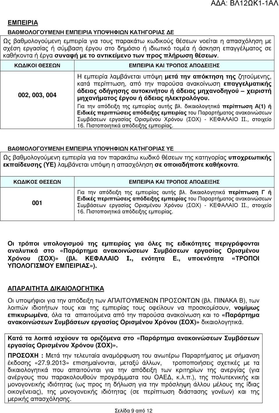 ΚΩ ΙΚΟΙ ΘΕΣΕΩΝ 002, 003, 004 ΕΜΠΕΙΡΙΑ ΚΑΙ ΤΡΟΠΟΣ ΑΠΟ ΕΙΞΗΣ Η εµπειρία λαµβάνεται υπόψη µετά την απόκτηση της ζητούµενης, κατά περίπτωση, από την παρούσα ανακοίνωση επαγγελµατικής άδειας οδήγησης