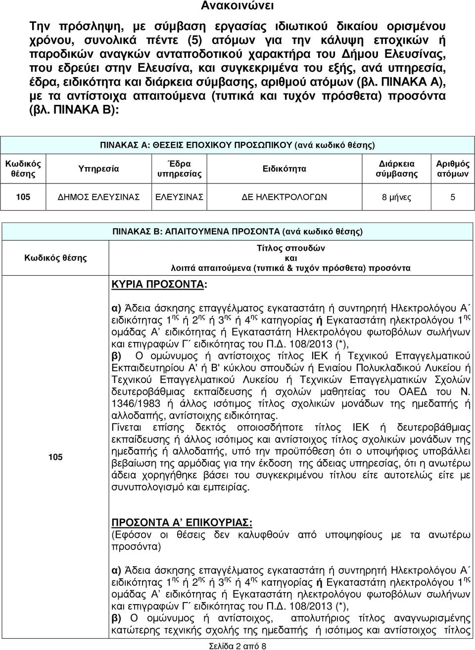 ΠΙΝΑΚΑ Α), µε τα αντίστοιχα απαιτούµενα (τυπικά και τυχόν πρόσθετα) προσόντα (βλ.