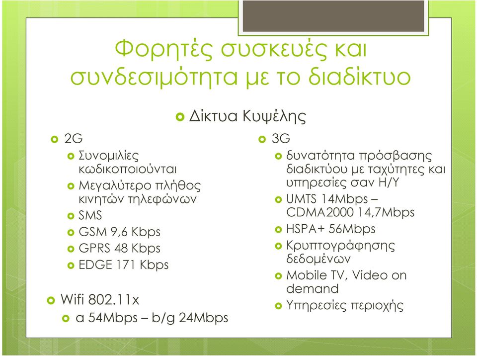 11x a 54Mbps b/g 24Mbps ίκτυα Κυψέλης 3G δυνατότητα πρόσβασης διαδικτύου µε ταχύτητες και