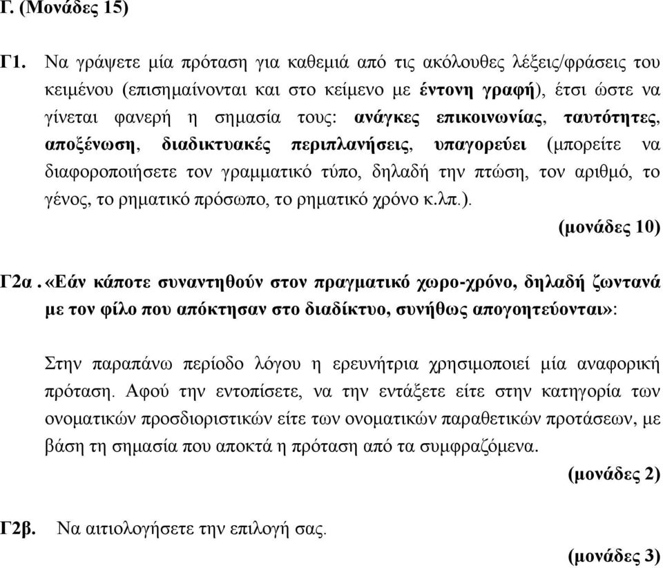 ταυτότητες, αποξένωση, διαδικτυακές περιπλανήσεις, υπαγορεύει (μπορείτε να διαφοροποιήσετε τον γραμματικό τύπο, δηλαδή την πτώση, τον αριθμό, το γένος, το ρηματικό πρόσωπο, το ρηματικό χρόνο κ.λπ.).