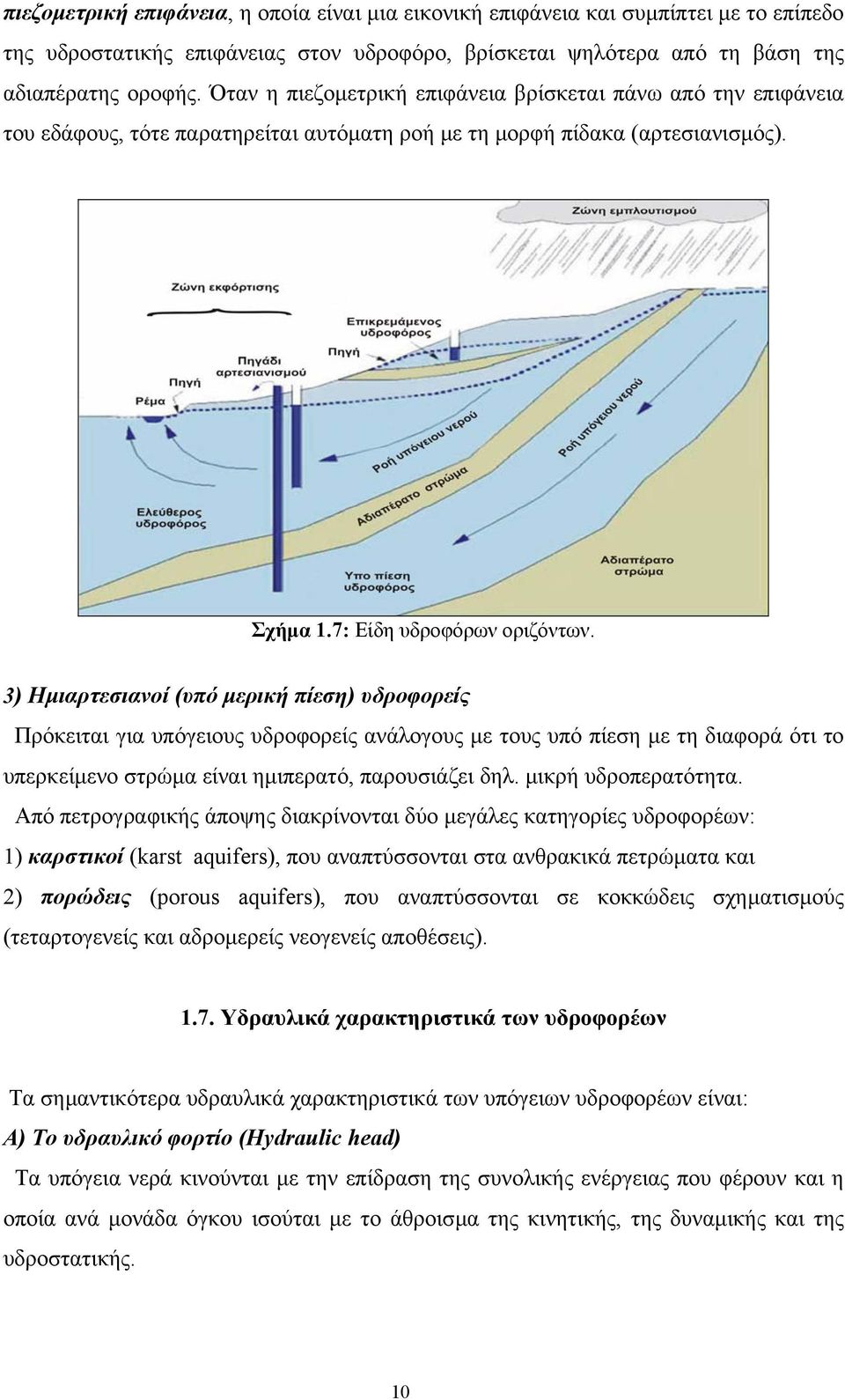 3) Ηµιαρτεσιανοί (υπό µερική πίεση) υδροφορείς Πρόκειται για υπόγειους υδροφορείς ανάλογους µε τους υπό πίεση µε τη διαφορά ότι το υπερκείµενο στρώµα είναι ηµιπερατό, παρουσιάζει δηλ.