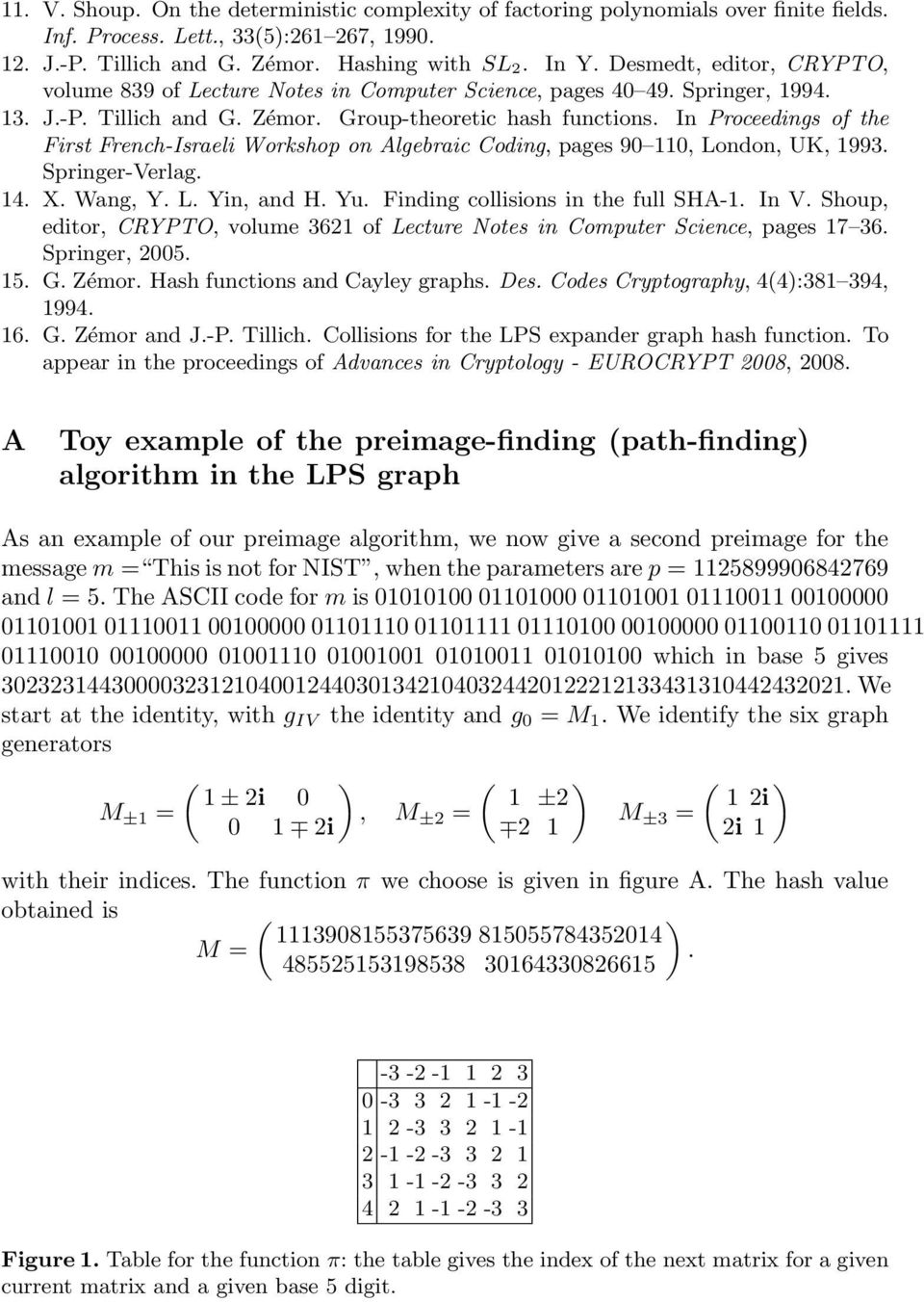 In Proceedings of the First French-Israeli Workshop on Algebraic Coding, pages 90 110, London, UK, 1993. Springer-Verlag. 14. X. Wang, Y. L. Yin, and H. Yu. Finding collisions in the full SHA-1. In V.