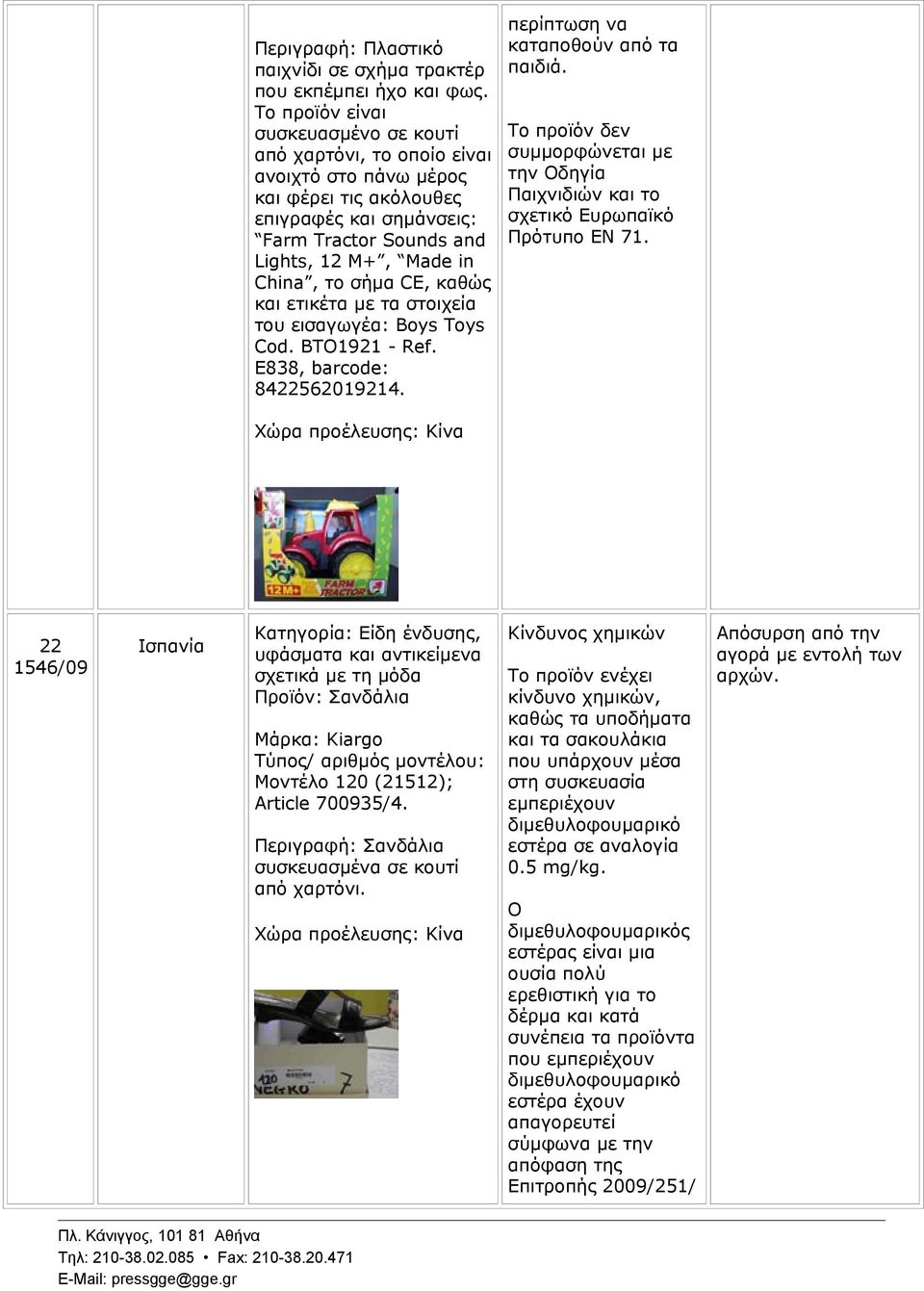 CE, καθώς και ετικέτα με τα στοιχεία του εισαγωγέα: Boys Toys Cod. BTO1921 - Ref. E838, barcode: 8422562019214. περίπτωση να καταποθούν από τα παιδιά. την Οδηγία Παιχνιδιών και το Πρότυπο EN 71.