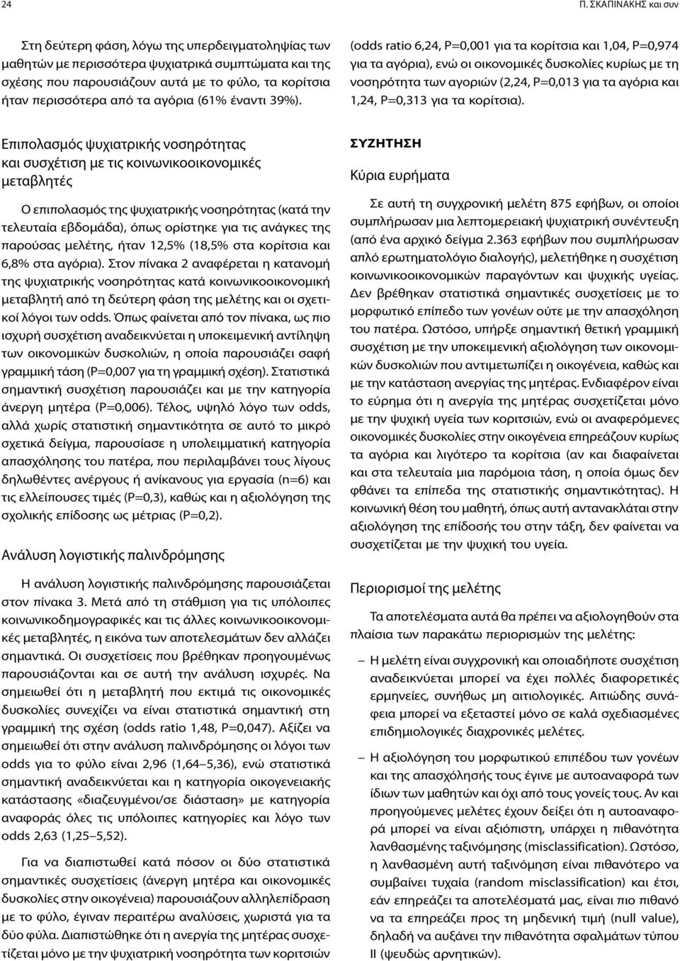 (odds ratio 6,24, Ρ=0,001 για τα κορίτσια και 1,04, Ρ=0,974 για τα αγόρια), ενώ οι οικονομικές δυσκολίες κυρίως με τη νοσηρότητα των αγοριών (2,24, Ρ=0,013 για τα αγόρια και 1,24, Ρ=0,313 για τα