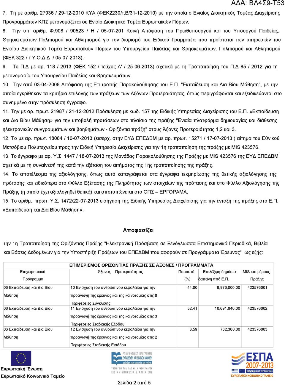 908 / 90523 / Η / 05-07-201 Κοινή Απόφαση του Πρωθυπουργού και του Υπουργού Παιδείας, Θρησκευμάτων Πολιτισμού και Αθλητισμού για τον διορισμό του Ειδικού Γραμματέα που προΐσταται των υπηρεσιών του