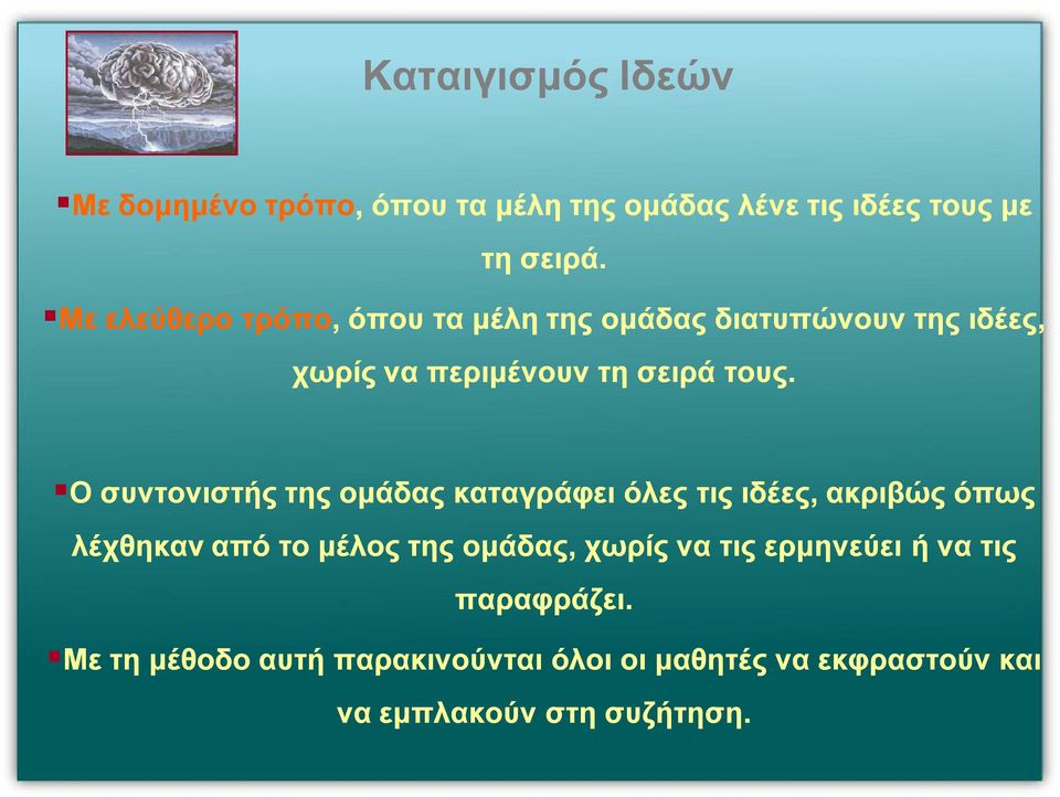 Ο Ο συντονιστής της ομάδας καταγράφει όλες τις ιδέες, ακριβώς όπως λέχθηκαν από το μέλος της ομάδας, χωρίς