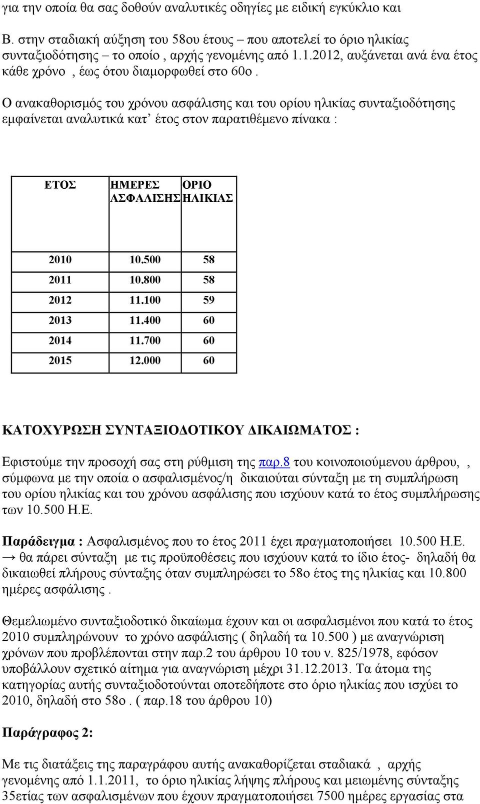 Ο ανακαθορισµός του χρόνου ασφάλισης και του ορίου ηλικίας συνταξιοδότησης εµφαίνεται αναλυτικά κατ έτος στον παρατιθέµενο πίνακα : ΗΜΕΡΕΣ ΟΡΙΟ ΑΣΦΑΛΙΣΗΣ ΗΛΙΚΙΑΣ 2010 10.500 58 2011 10.800 58 2012 11.