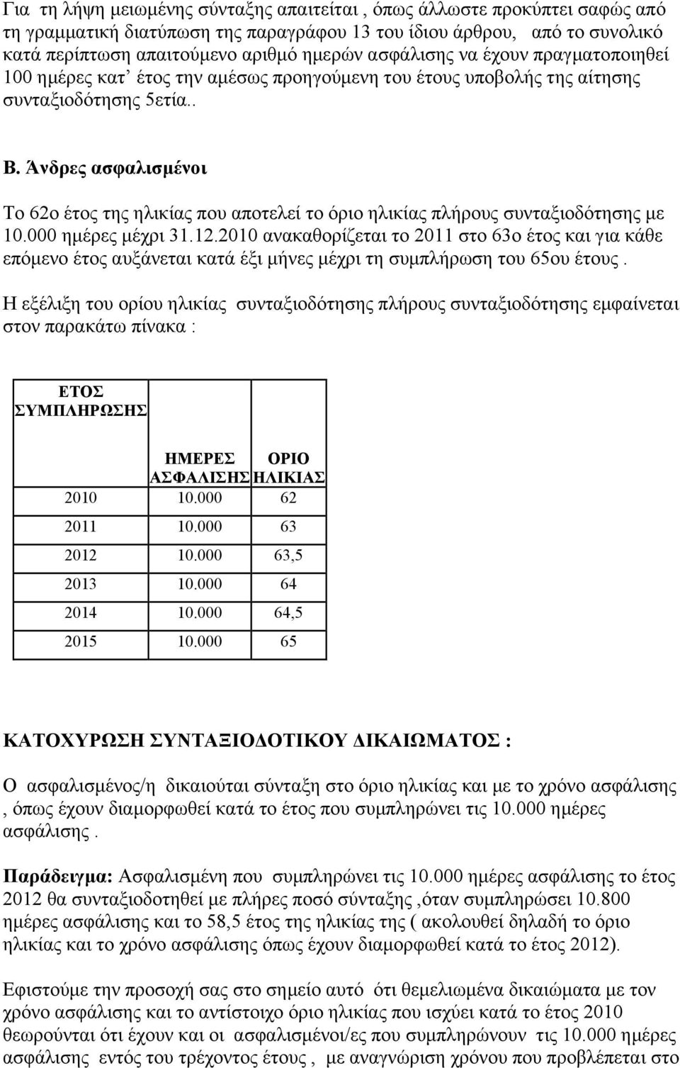 Άνδρες ασφαλισµένοι Το 62ο έτος της ηλικίας που αποτελεί το όριο ηλικίας πλήρους συνταξιοδότησης µε 10.000 ηµέρες µέχρι 31.12.