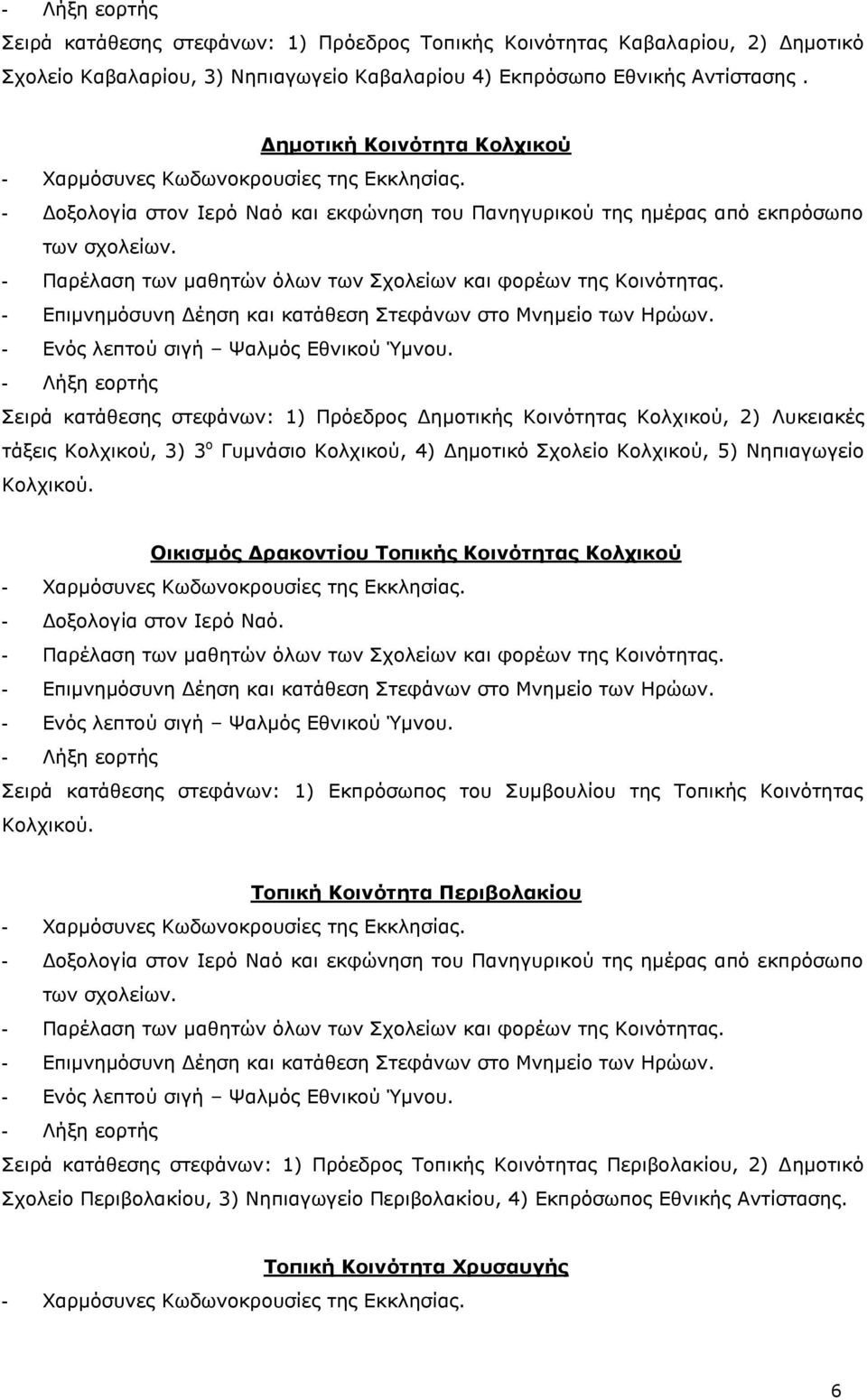 5) Νηπιαγωγείο Κολχικού. Οικισμός Δρακοντίου Τοπικής Κοινότητας Κολχικού - Λήξη εορτής Σειρά κατάθεσης στεφάνων: 1) Εκπρόσωπος του Συμβουλίου της Τοπικής Κοινότητας Κολχικού.