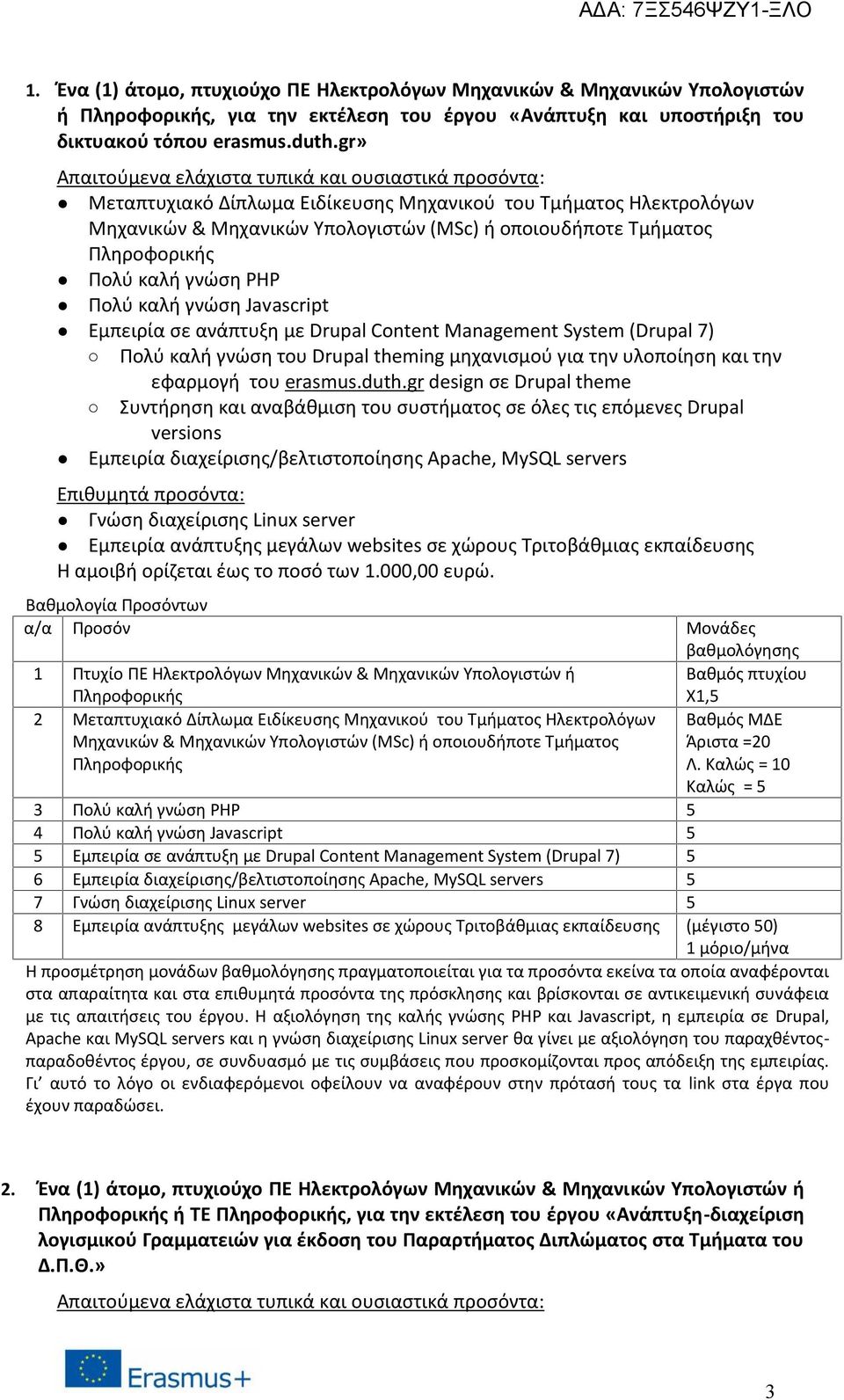 γνώση PHP Πολύ καλή γνώση Javascript Εμπειρία σε ανάπτυξη με Drupal Content Management System (Drupal 7) Πολύ καλή γνώση του Drupal theming μηχανισμού για την υλοποίηση και την εφαρμογή του erasmus.