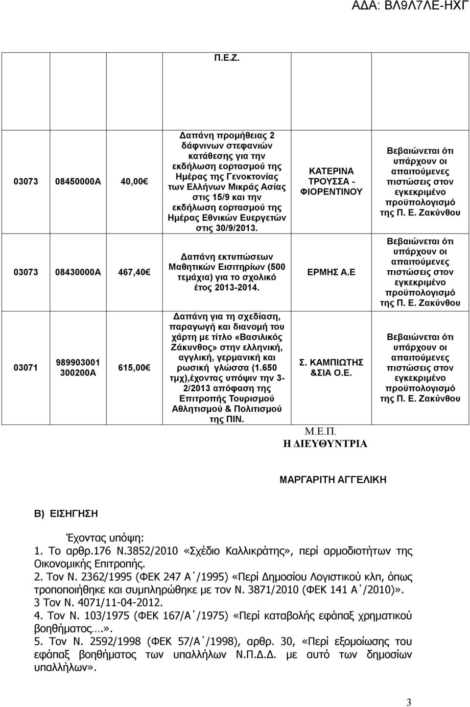 Ασίας στις 15/9 και την εκδήλωση εορτασμού της Ημέρας Εθνικών Ευεργετών στις 30/9/2013. Δαπάνη εκτυπώσεων Μαθητικών Εισιτηρίων (500 τεμάχια) για το σχολικό έτος 2013-2014.