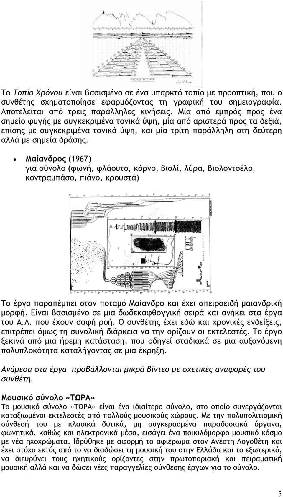 Μαίανδρος (1967) για σύνολο (φωνή, φλάουτο, κόρνο, βιολί, λύρα, βιολοντσέλο, κοντραμπάσο, πιάνο, κρουστά) Το έργο παραπέμπει στον ποταμό Μαίανδρο και έχει σπειροειδή μαιανδρική μορφή.