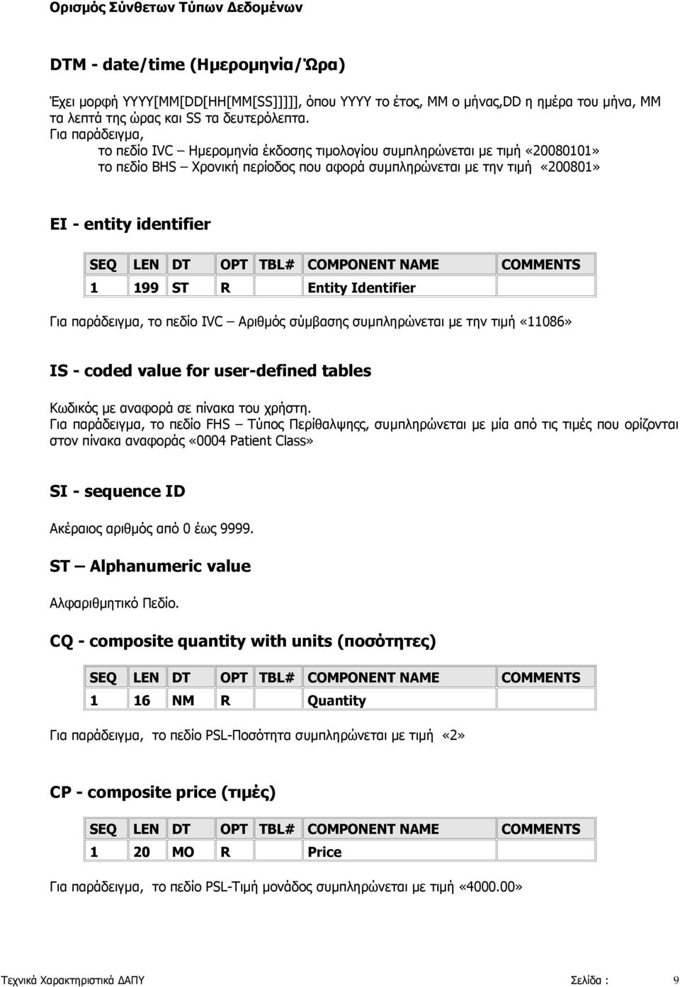 DT OPT TBL# COMPONENT NAME COMMENTS 1 199 ST R Entity Identifier Για παράδειγμα, το πεδίο IVC Αριθμός σύμβασης συμπληρώνεται με την τιμή «11086» IS - coded value for user-defined tables Κωδικός με