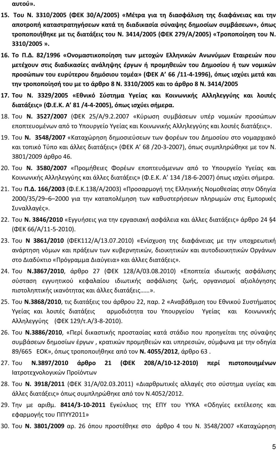 3414/2005 (ΦΕΚ 279/Α/2005) «Τροποποίηση του Ν. 3310/2005». 16. Το Π.Δ.