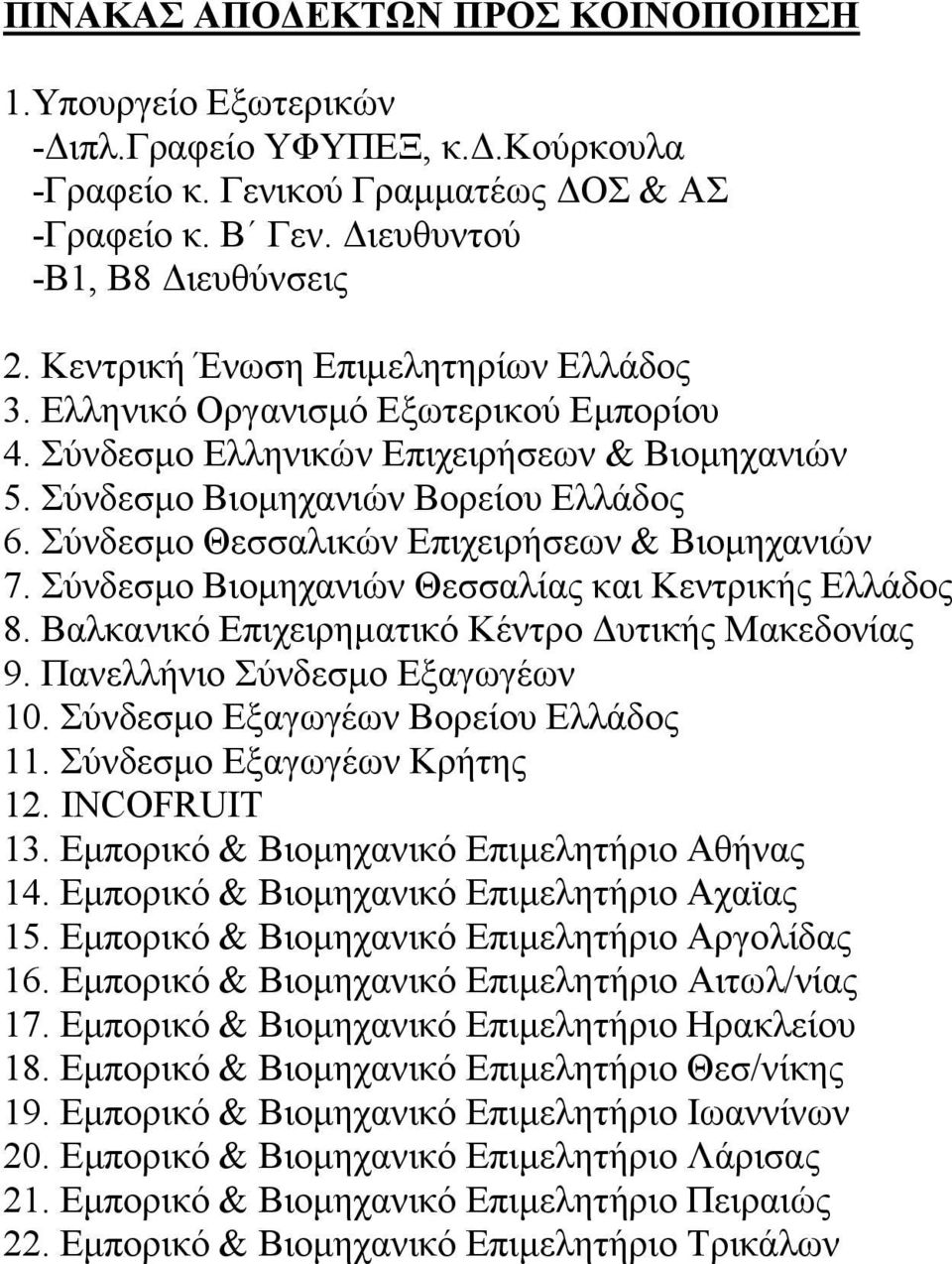 Σύνδεσμο Θεσσαλικών Επιχειρήσεων & Βιομηχανιών 7. Σύνδεσμο Βιομηχανιών Θεσσαλίας και Κεντρικής Ελλάδος 8. Βαλκανικό Επιχειρηματικό Κέντρο Δυτικής Μακεδονίας 9. Πανελλήνιο Σύνδεσμο Εξαγωγέων 10.
