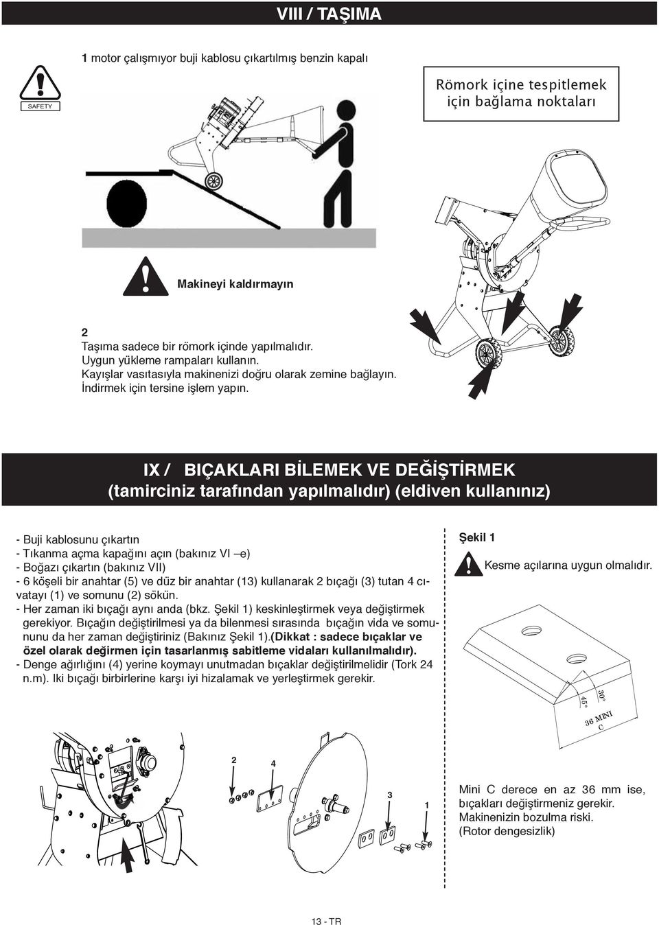 IX / BIÇAKLARI BİLEMEK VE DEĞİŞTİRMEK (tamirciniz tarafından yapılmalıdır) (eldiven kullanınız) - Buji kablosunu çıkartın - Tıkanma açma kapağını açın (bakınız VI e) - Boğazı çıkartın (bakınız VII) -