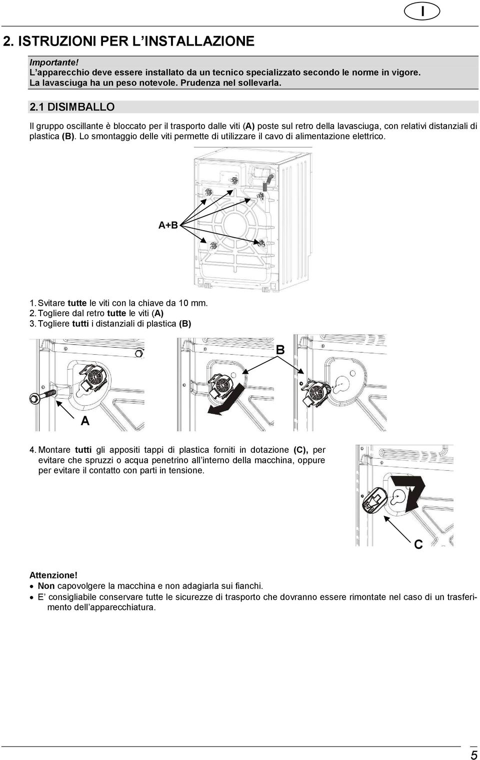 Lo smontaggio delle viti permette di utilizzare il cavo di alimentazione elettrico. A+B 1. Svitare tutte le viti con la chiave da 10 mm. 2. Togliere dal retro tutte le viti (A) 3.