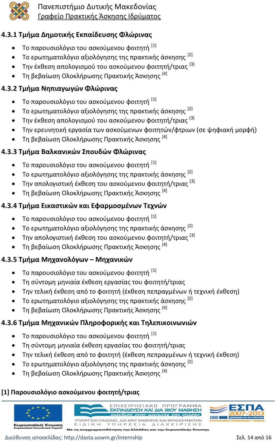 2 Τμήμα Νηπιαγωγών Φλώρινας Το παρουσιολόγιο του ασκούμενου φοιτητή [1] Το ερωτηματολόγιο αξιολόγησης της πρακτικής άσκησης [2] Την έκθεση απολογισμού του ασκούμενου φοιτητή/τριας [3] Την ερευνητική