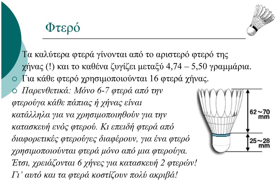 Παρενθετικά: Μόνο 6-7 φτερά από την φτερούγα κάθε πάπιας ή χήνας είναι κατάλληλα για να χρησιµοποιηθούν για την κατασκευή ενός