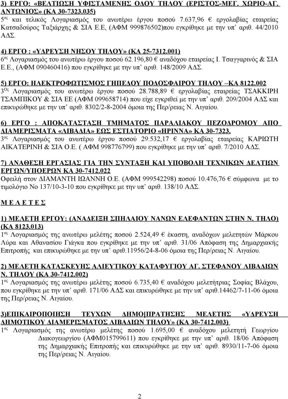 001) 6 ος Λογαριασμός του ανωτέρω έργου ποσού 62.196,80 αναδόχου εταιρείας Ι. Τσαγγαρινός & ΣΙΑ Ε.Ε., (ΑΦΜ 090460416) που εγκρίθηκε με την υπ αριθ. 148/2009 ΑΔΣ.