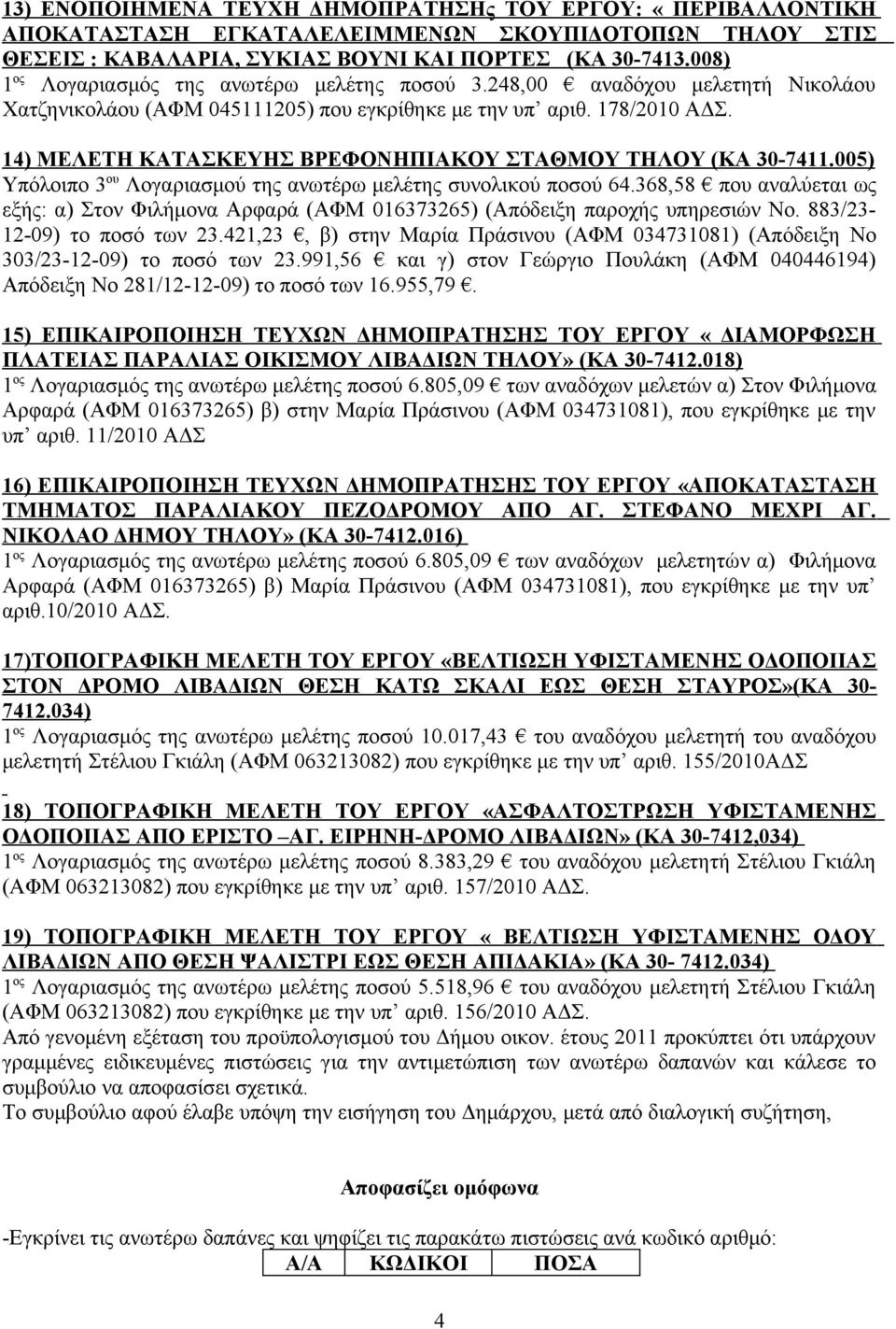 14) ΜΕΛΕΤΗ ΚΑΤΑΣΚΕΥΗΣ ΒΡΕΦΟΝΗΠΙΑΚΟΥ ΣΤΑΘΜΟΥ ΤΗΛΟΥ (ΚΑ 30-7411.005) Υπόλοιπο 3 ου Λογαριασμού της ανωτέρω μελέτης συνολικού ποσού 64.