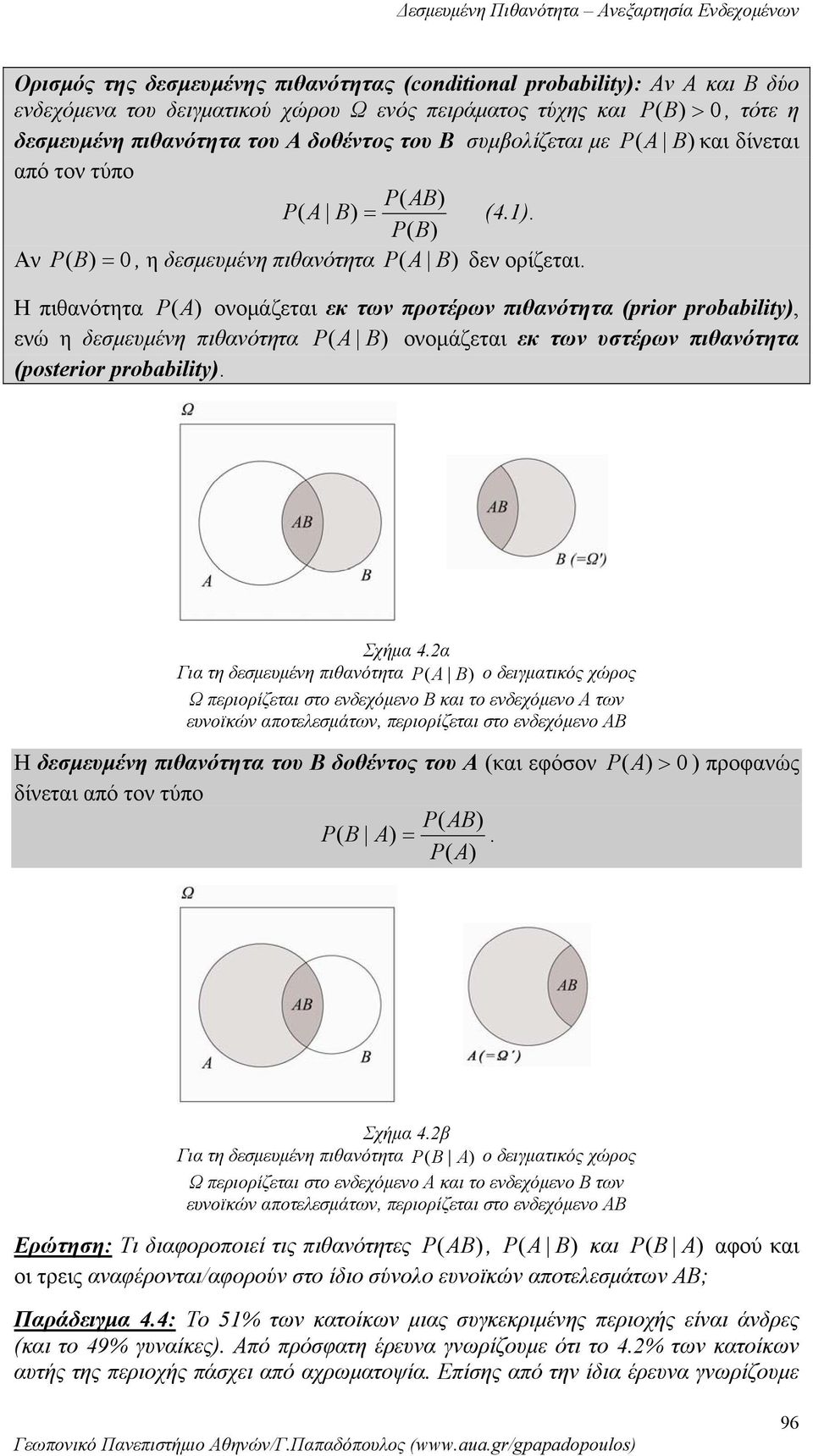 probablty, εώ η δεσμευμέη πιθαότητα P ( A οομάζεται εκ τω υστέρω πιθαότητα (posteror probablty Σχήμα 4α Για τη δεσμευμέη πιθαότητα P ( A ο δειγματικός χώρος Ω περιορίζεται στο εδεχόμεο Β και το