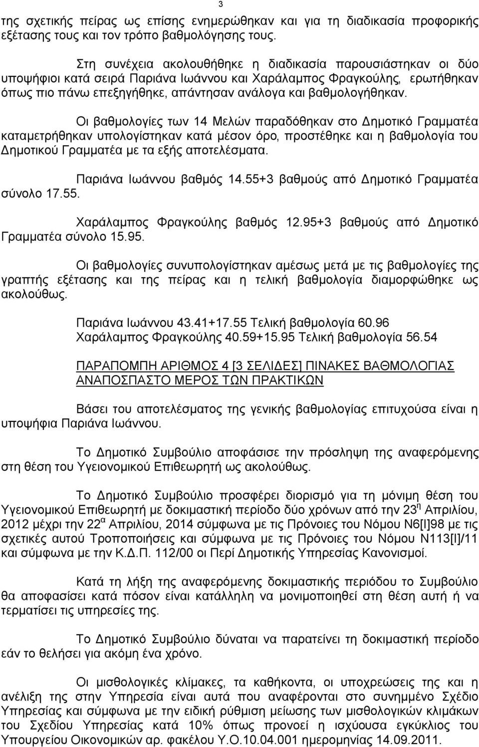 Οι βαθμολογίες των 14 Μελών παραδόθηκαν στο Δημοτικό Γραμματέα καταμετρήθηκαν υπολογίστηκαν κατά μέσον όρο, προστέθηκε και η βαθμολογία του Δημοτικού Γραμματέα με τα εξής αποτελέσματα.