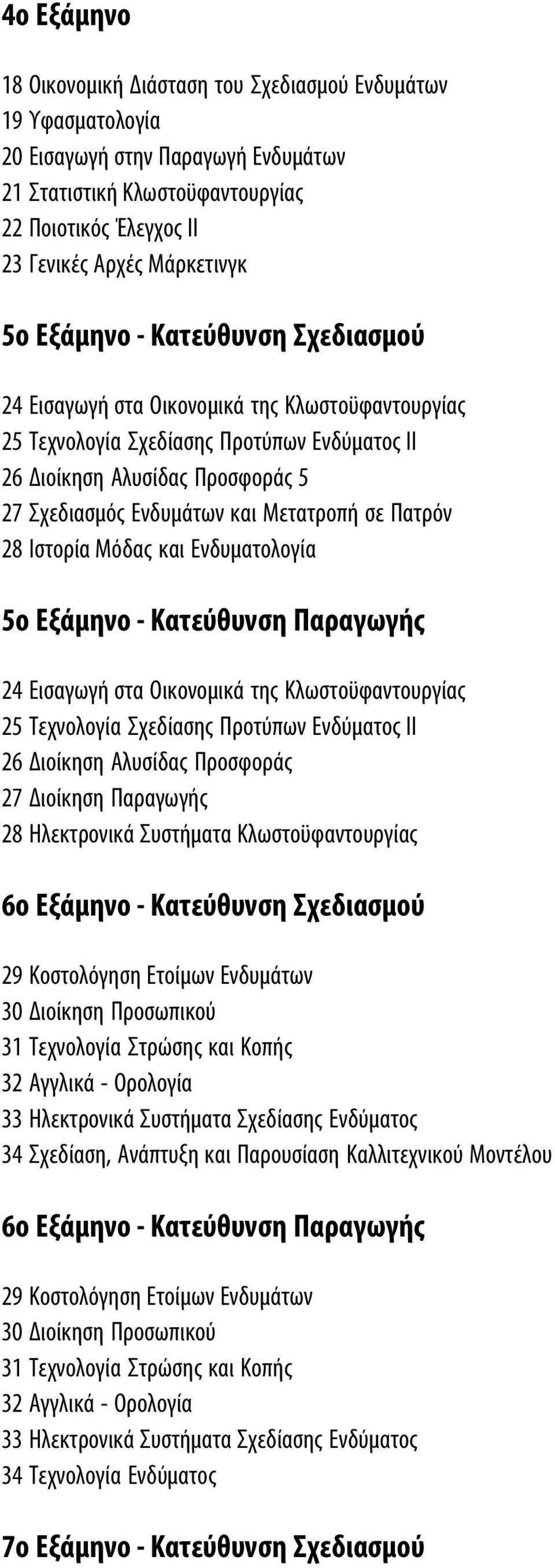 σε Πατρόν 28 Ιστορία Μόδας και Ενδυματολογία 5ο Εξάμηνο - Κατεύθυνση Παραγωγής 24 Εισαγωγή στα Οικονομικά της Κλωστοϋφαντουργίας 25 Τεχνολογία Σχεδίασης Προτύπων Ενδύματος ΙΙ 26 Διοίκηση Αλυσίδας